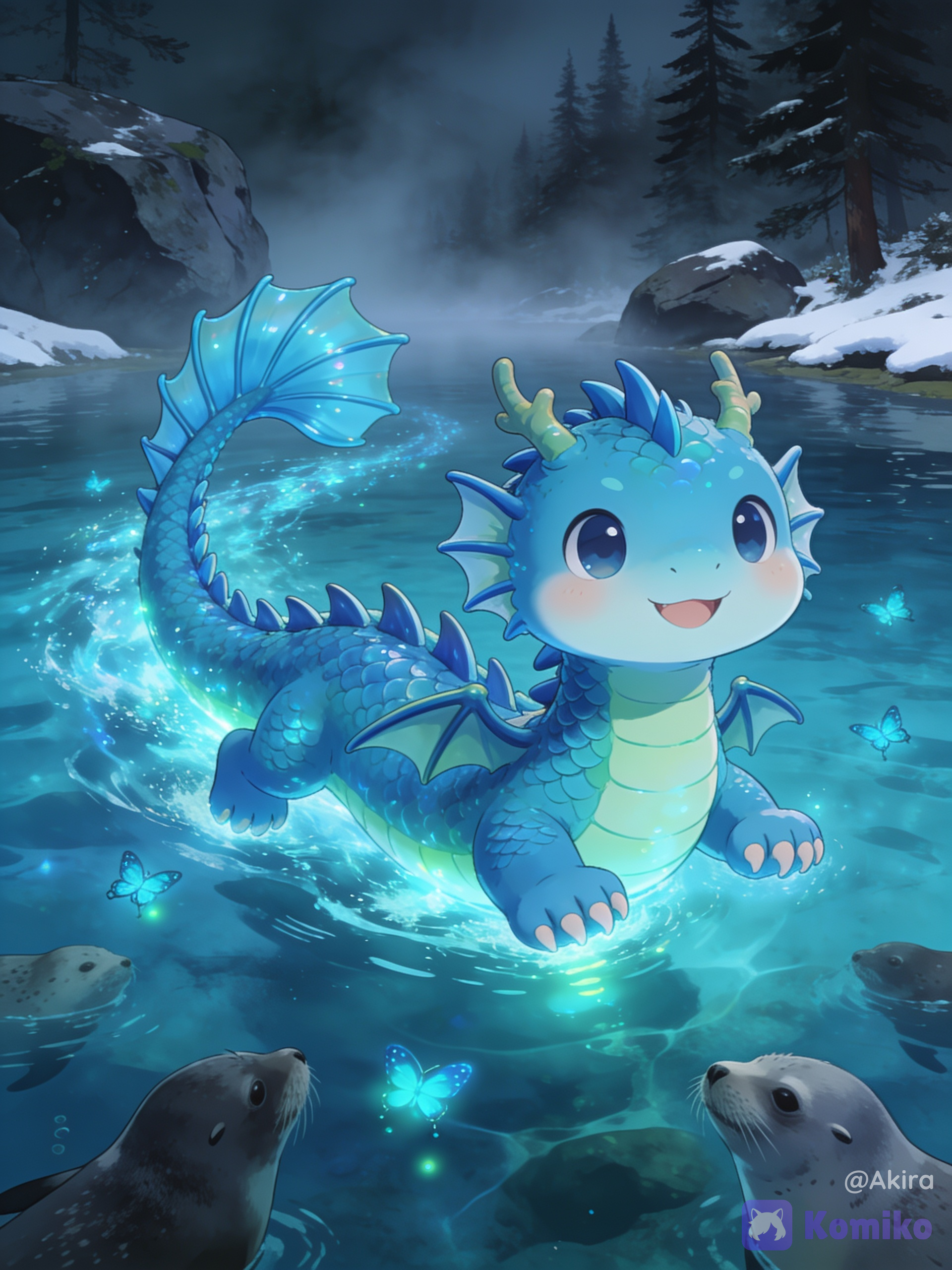 Crea una image de un dragón ogopogo cute. El dragón cute debe ser semejante a una serpiente marina mezclada con un dragon cute y estar nadando felizmente en un lago azulado (bajo el agua, pero con la superficie visible) rodeado de niebla, humedad y un entorno misterioso con rocas nieve y pinos mullidos a las orillas del lago en un ambiente MUY aterrador, PERO, el dragón cute ogopogo debe verse EXTREMADAMENTE ADORABLE, MUY CUTE, a cuatro patitas nadando, con carita redondeada pero cute de dragón acuatico y cuello corto, patitas pequeñas y un poco palmeadas, alitas de dragón, pequeños cuernos de dragón, su cola de dragón con varias aletas y otra aleta al final y todo cute, expresión adorable y hecho para ser semiacuatico, en tonos azulados y verde acua, con escamas limpiasz brillantes y terroso, pero con toque casi paranormal por la niebla que le rodea, dejando una estela de movimiento acuatico a su paso. Además el dragón cute debe estar y rodeado por algunas focas y por pequeños bichitos brillantes o mariposas azul cyan que lo iluminen un poco en medio del lago.