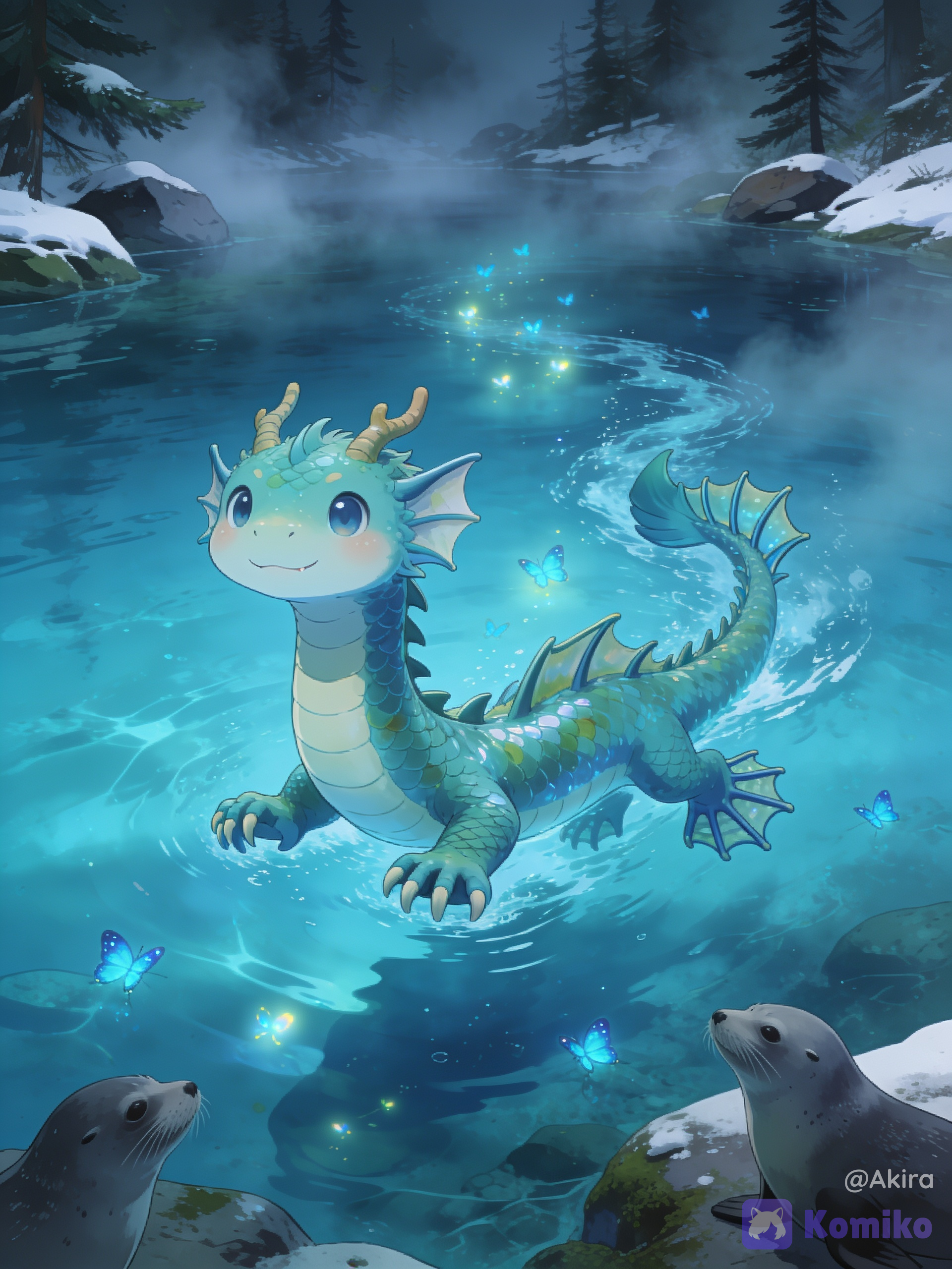 Crea una image de un dragón ogopogo cute. El dragón cute debe ser semejante a una serpiente marina mezclada con un dragon cute y estar nadando felizmente en un lago azulado (bajo el agua, pero con la superficie visible) rodeado de niebla, humedad y un entorno misterioso con rocas nieve y pinos mullidos a las orillas del lago en un ambiente MUY aterrador, PERO, el dragón cute ogopogo debe verse EXTREMADAMENTE ADORABLE, MUY CUTE, a cuatro patitas cortas con aletas adicionales, nadando, con carita redondeada pero cute de dragón acuatico (y que se note que es acuatico) y cuello un poco largo, patitas pequeñas y palmeadas, alitas de dragón pequeñas, pequeños cuernos de dragón, su cola de dragón con varias aletas y otra aleta al final y todo cute, expresión adorable y hecho para ser semiacuatico, en tonos azulados y verde acua, con escamas limpiasz brillantes y terroso, pero con toque casi paranormal por la niebla que le rodea, dejando una estela de movimiento acuatico a su paso. Además el dragón cute debe estar y rodeado por algunas focas y por pequeños bichitos brillantes o mariposas azul cyan que lo iluminen un poco en medio del lago.