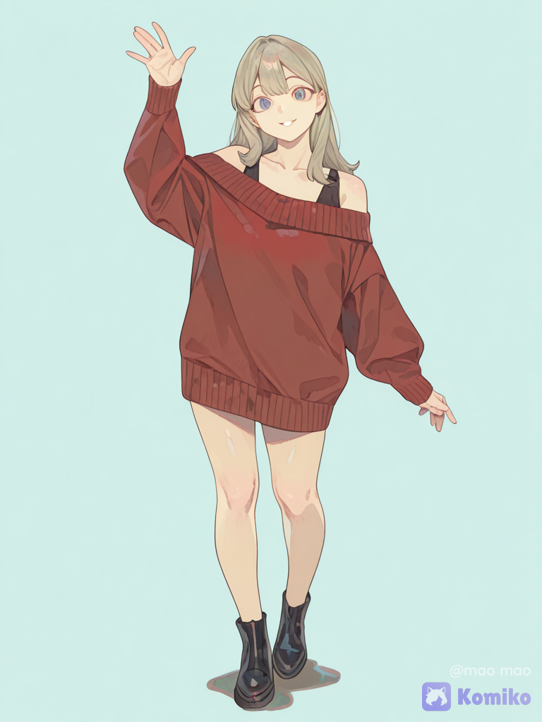 [glimmer-anime-style], Exact 1:1 recreation as IMG_20260827_224542 . Preserve every visible detail. No reinterpretation. No redesign. Identity preservation has absolute priority over creativity., 1girl, waving, off-shoulder sweater, full body, upper body