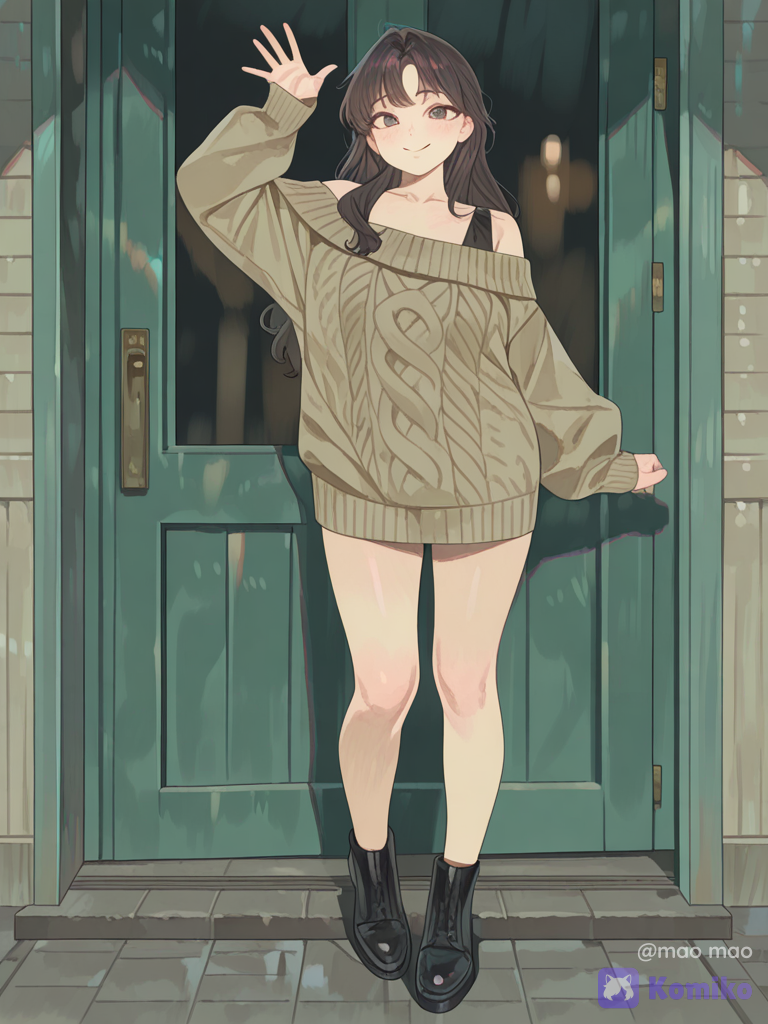 [glimmer-anime-style], Exact 1:1 recreation as IMG_20260827_224542 . Preserve every visible detail. No reinterpretation. No redesign. Identity preservation has absolute priority over creativity., 1girl, waving, off-shoulder sweater, full body, upper body
