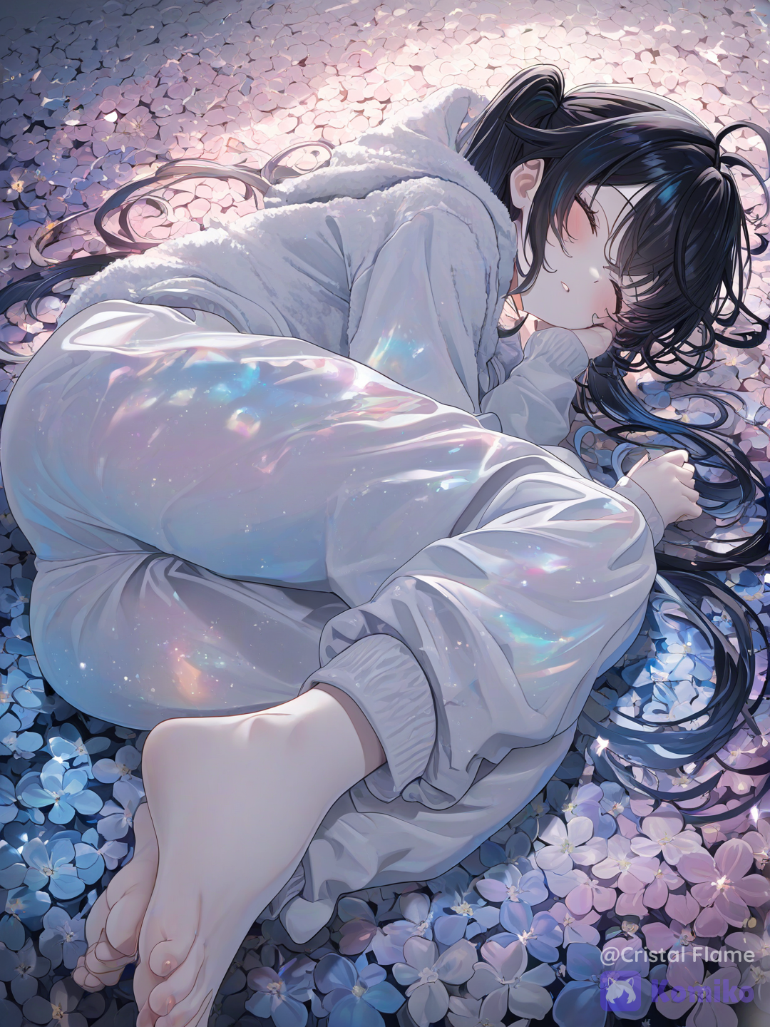 • 畫質： (:1.2), high resolution, 8k, ultra-@yuzu-kou-vYzq • 情緒： 魅惑 (seductive)，慵懶 (languid) • 姿勢： (lying on her side in a field of flowers)，手輕撫臉頰 (hand on cheek)，眼神迷離 (half-closed eyes), • 場景/背景： moonlight, sparkling crystal flowers, magical forest, soft bokeh, glowing atmosphere • 光影/色調： dramatic lighting, soft moonlight, iridescent glow, ethereal color palette • 鏡頭/風格： high-gloss illustration style, vivid close-up, exquisite animation style, high-contrast glossy style, top view, • 圖片增強詞： intricate details, glossy/shiny, exquisite details, rich details, animation illustration, character illustration, [ethereal-fantasy-style]