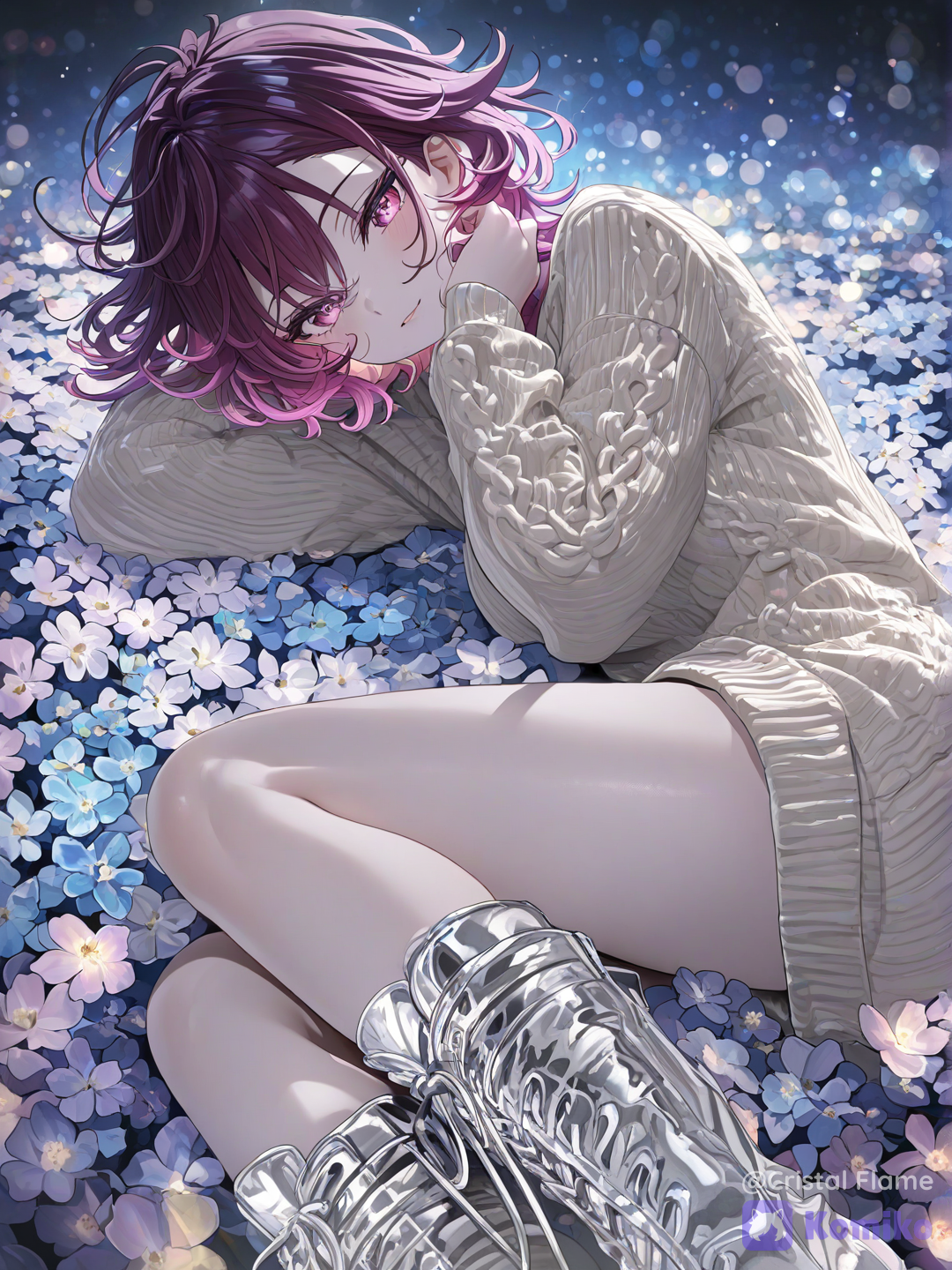 • 畫質： (:1.2), high resolution, 8k, ultra-@kyoko-horikita-ZSah • 情緒： 魅惑 (seductive)，慵懶 (languid) • 姿勢： (lying on her side in a field of flowers)，手輕撫臉頰 (hand on cheek)，眼神迷離 (half-closed eyes) • 場景/背景： moonlight, sparkling crystal flowers, magical forest, soft bokeh, glowing atmosphere • 光影/色調： dramatic lighting, soft moonlight, iridescent glow, ethereal color palette • 鏡頭/風格： high-gloss illustration style, vivid close-up, exquisite animation style, high-contrast glossy style • 圖片增強詞： intricate details, glossy/shiny, exquisite details, rich details, animation illustration, character illustration, [ethereal-fantasy-style]