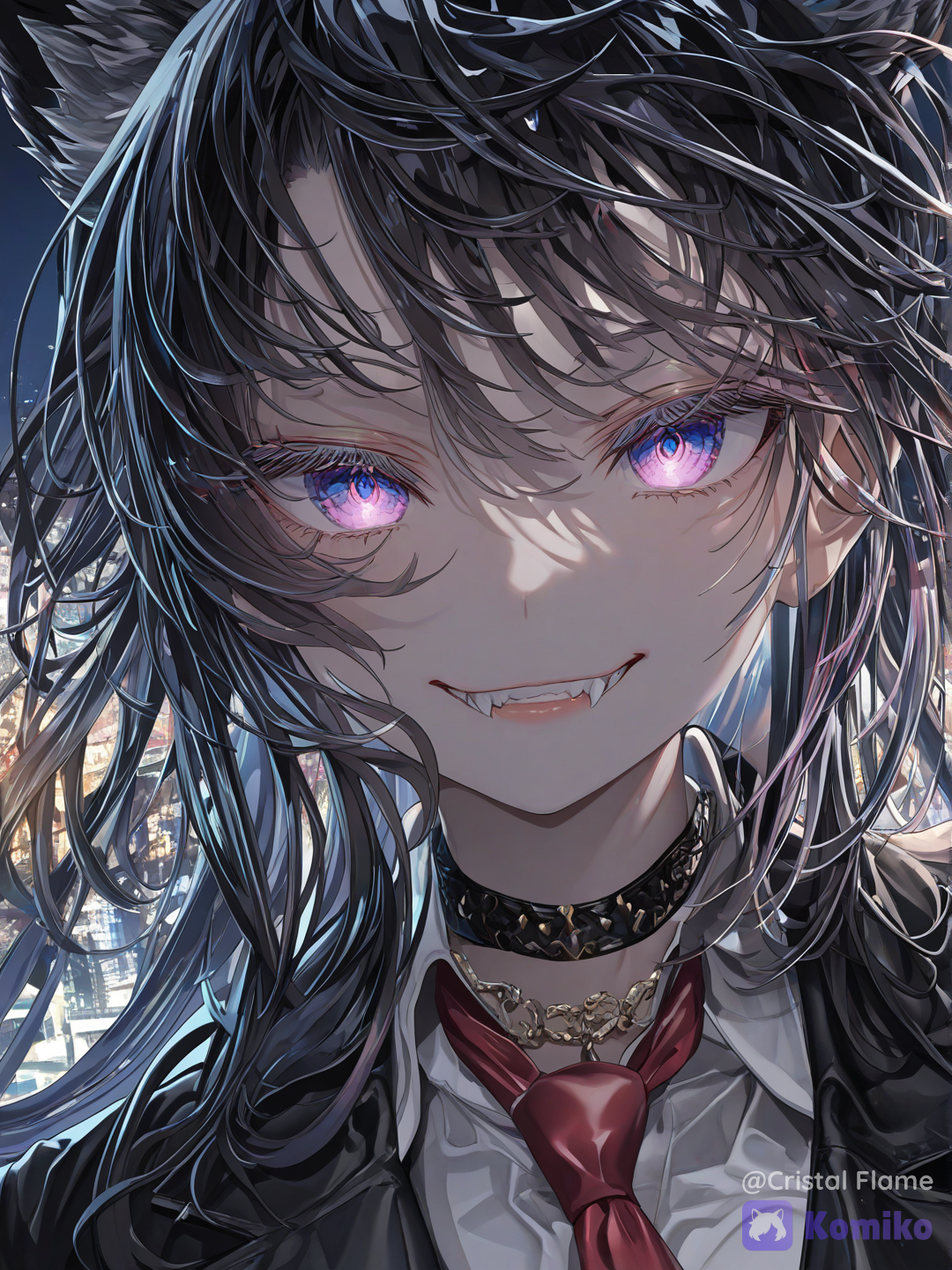 • calidad de imagen： (:1.2), high resolution, 8k, ultra-• @lady-sybell-roxley-ZI9C, portrait, closeup, arrogant smile, sharp and determined eyes, fangs, face slightly tilted down, «Nah, i'd win», face only, front view, close-up view, • highly beautiful eyes, complex eye reflections, intricate light highlights, sharp focus, clean line art, • Lugar: Shinjuku, • 場景/背景： night, city lights, • 光影/色調： dramatic lighting, • 鏡頭/風格： high-gloss illustration style, vivid close-up, exquisite animation style, high-contrast glossy style, • 圖片增強詞： intricate details, glossy/shiny, exquisite details, rich details, animation illustration, character illustration, [ethereal-fantasy-style]