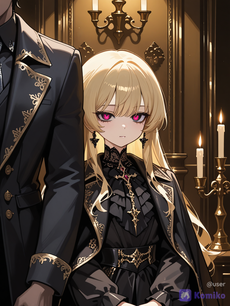Digital anime illustration of a dark gothic romance couple seated together in an opulent, dim room. On the left, a tall young man with messy black hair, dark pale features, and intense eyes, wearing a black fur-trimmed coat, dark suit, and black collared shirt with a metallic tie piece. Next to him, leaning against his shoulder, a young woman with long blonde hair, soft delicate doll-like facial features, wearing an elaborate white feather and sequined evening gown with high collar detailing. Baroque room setting with candle holders, gold furniture trim, soft dramatic candlelight glow, dark moody tones, highly painterly aesthetic, dark aristocratic gothic style., 1000029967, 1girl