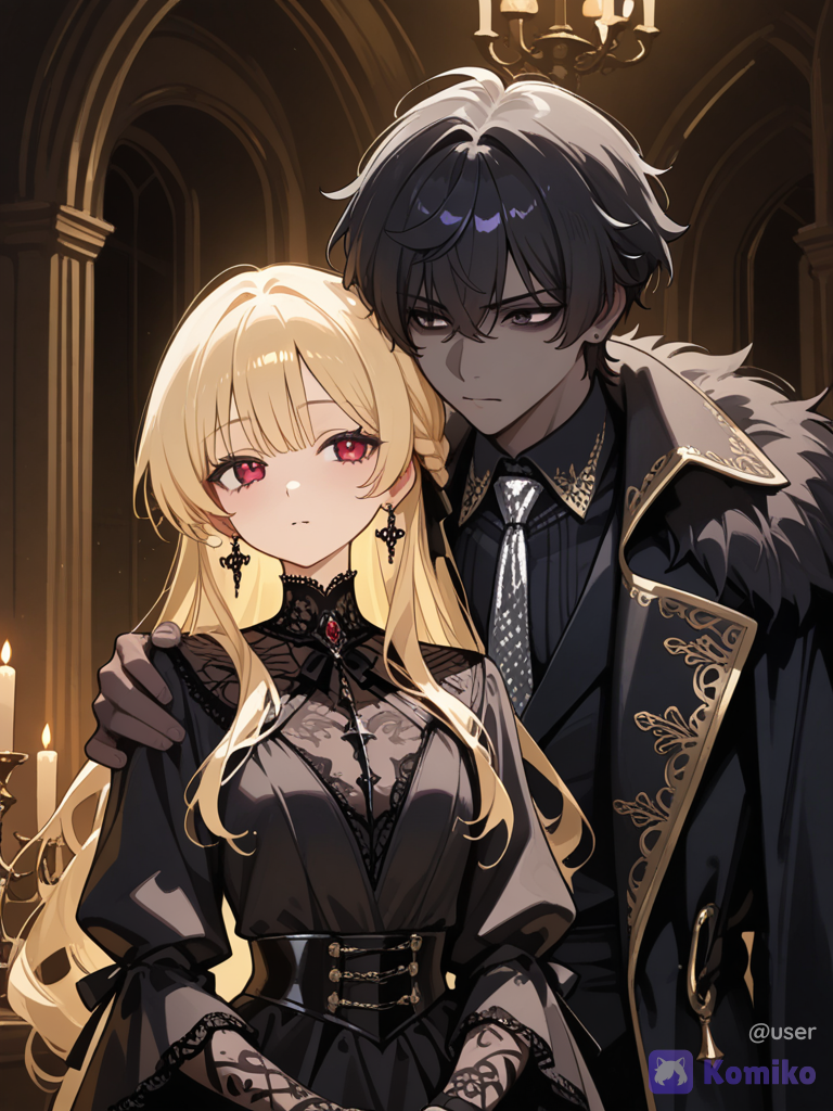 Digital anime illustration of a dark gothic romance couple seated together in an opulent, dim room. On the left, a tall young man with messy black hair, dark pale features, and intense eyes, wearing a black fur-trimmed coat, dark suit, and black collared shirt with a metallic tie piece. Next to him, leaning against his shoulder, a young woman with long blonde hair, soft delicate doll-like facial features, wearing an elaborate white feather and sequined evening gown with high collar detailing. Baroque room setting with candle holders, gold furniture trim, soft dramatic candlelight glow, dark moody tones, highly painterly aesthetic, dark aristocratic gothic style., 1000029967, 1girl