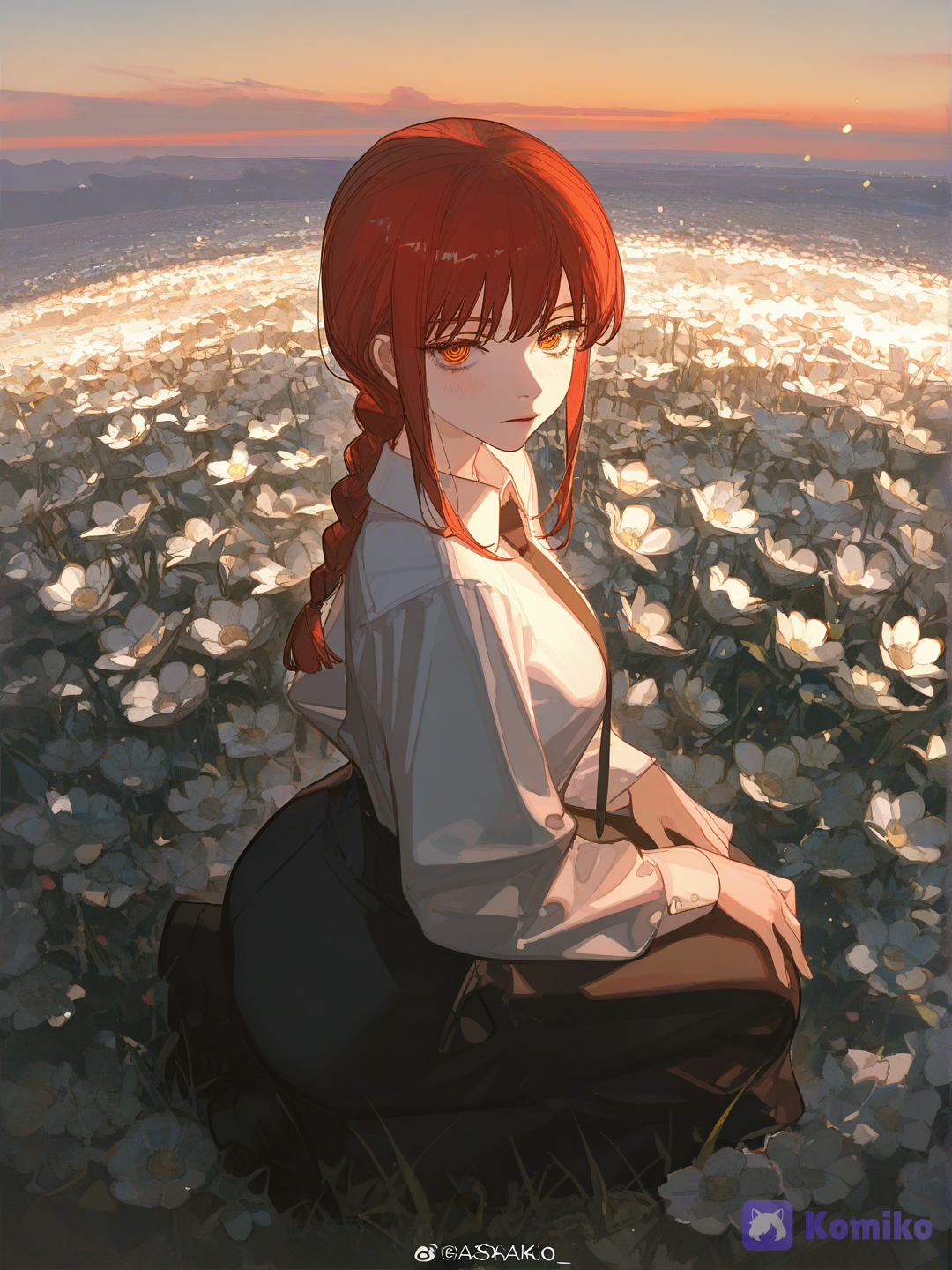 @Makima_(Chainsaw_Man), anatomía perfecta, proporciones perfectas, perspectiva perfecta, elegante, coloración anime, rubor ligero, sle, iluminación etérea, anatomía perfecta, proporciones perfectas, perspectiva perfecta, elegante, coloración anime, una atmósfera serena, etérea, de paz eterna, iluminación cinematográfica, tonos suaves rojos y plateados, partículas brillantes, auestésicas, partículas brillantes, brillo, rubor, pestañas negras largas, rubor, diamantes, cielo al atardecer, campo de flores, crepúsculo, kneeling, [dazzling-illustration-style], expressionless, looking at viewer, from above