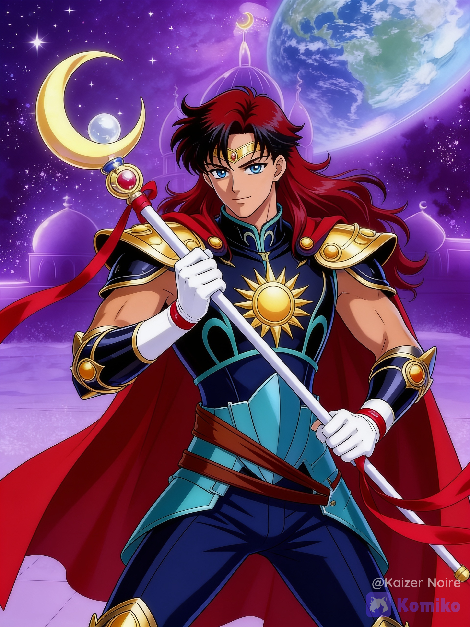 Sailor moon style The son of both Darien chiba(tuxedo ￼mask/prince endymion) and Sailor moon(princess serenity/Usagi Tsukino) thing with waist length red-black hair, icy blue eyes and sun-kissed tan skin