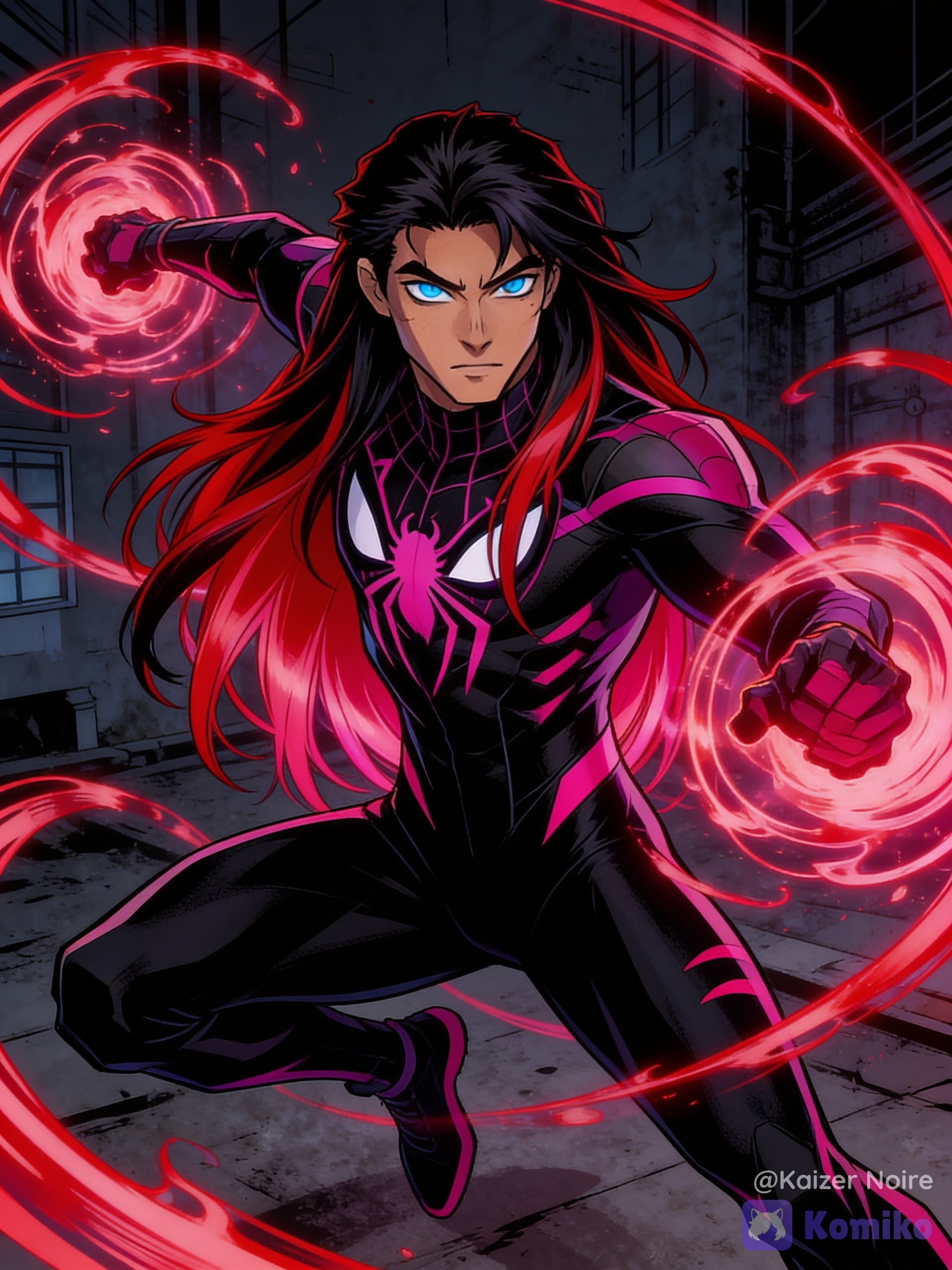 Dc/Gotham/batman style of a Spiderman vigilante wearing a hot pink spider theme domino mass black suit that has hot pink accents the individual is a young man long flowing waist length red-black hair,icy blue eyes, sun-kissed tan skin and has tantrikkinesis(hormonal-kinetic energy red-pink)