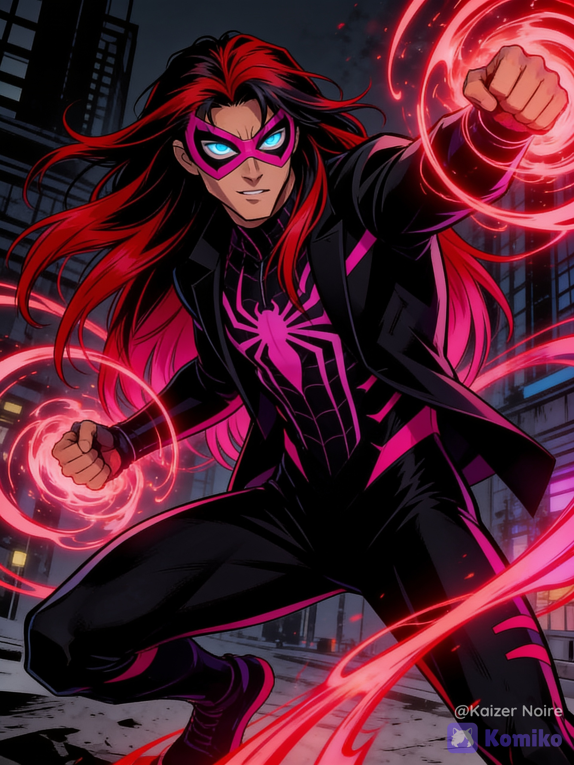 Dc/Gotham/batman style of a Spiderman vigilante wearing a hot pink spider theme domino mass black suit that has hot pink accents the individual is a young man long flowing waist length red-black hair,icy blue eyes, sun-kissed tan skin and has tantrikkinesis(hormonal-kinetic energy red-pink)