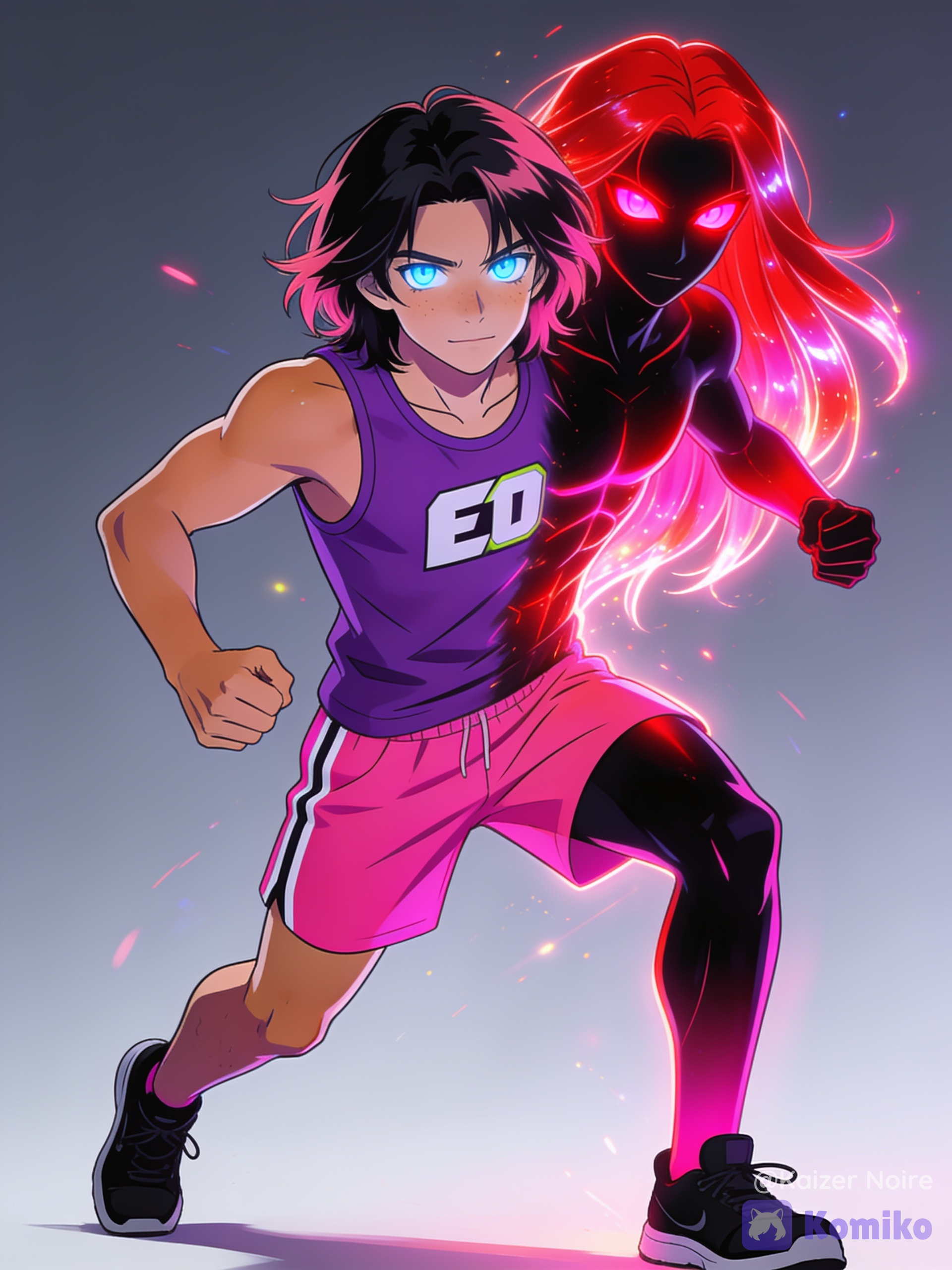 Ben 10 style Young male human form(shoulder length k-pop style black-pink hair, icy blue eyes and sun-kissed tan skin wearing a purple E-boy tank top, hot pink track shorts and black running shoes) and anodite hybrid form(waist length glowing red-pink hair, shimmering red-pink eyes, solid Ebony body with slight red-pink sheen)