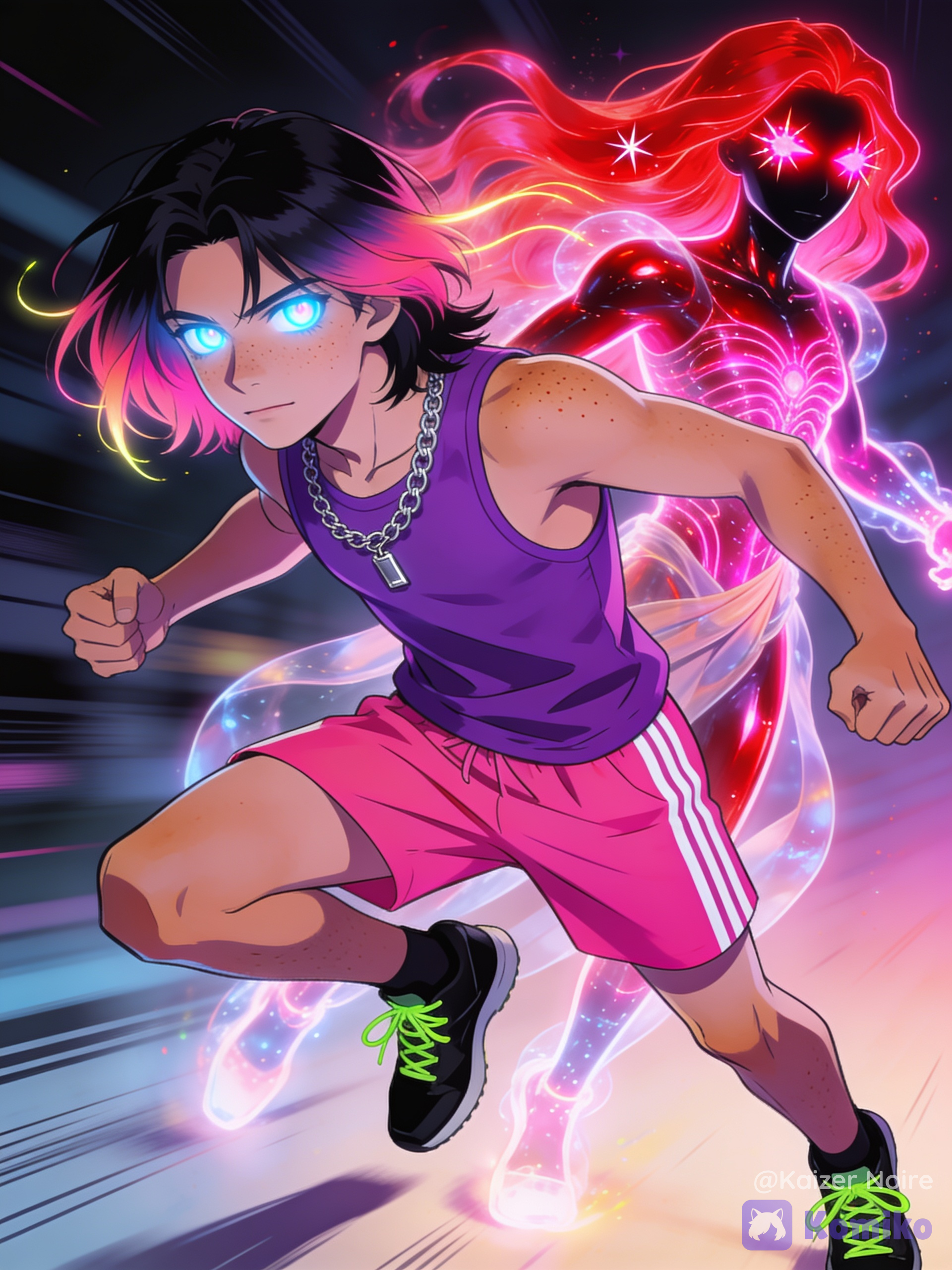 Ben 10 style Young male human form(shoulder length k-pop style black-pink hair, icy blue eyes and sun-kissed tan skin wearing a purple E-boy tank top, hot pink track shorts and black running shoes) and anodite hybrid form(waist length glowing red-pink hair, shimmering red-pink eyes, solid Ebony body with slight red-pink sheen)