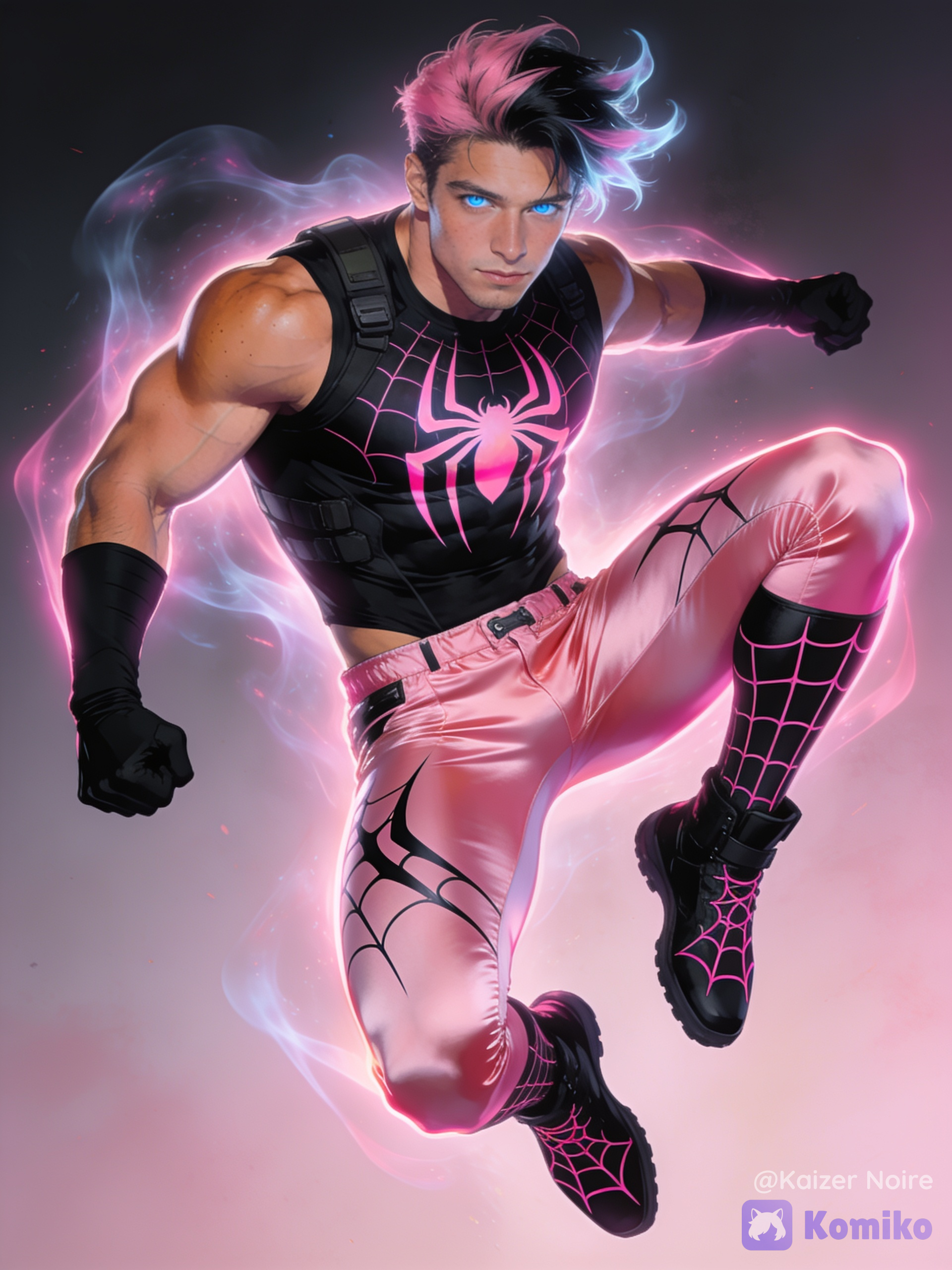 Clone-son of spider-Man and venom, male himbo OC using the color scheme of pink-black with themes related to jocks, himbos, gym rats, gymnast/acrobat, ghost/phantom/spirit, pink-black hair, icy blue eyes and sun-kissed tan skin wearing a black tactical muscle shirt with a transitional pink spider symbol and web designs, black fingerless gloves,pink low-rise silk-polyurethane tactical compression pants with black web designs and black tactical boots with pink web designs