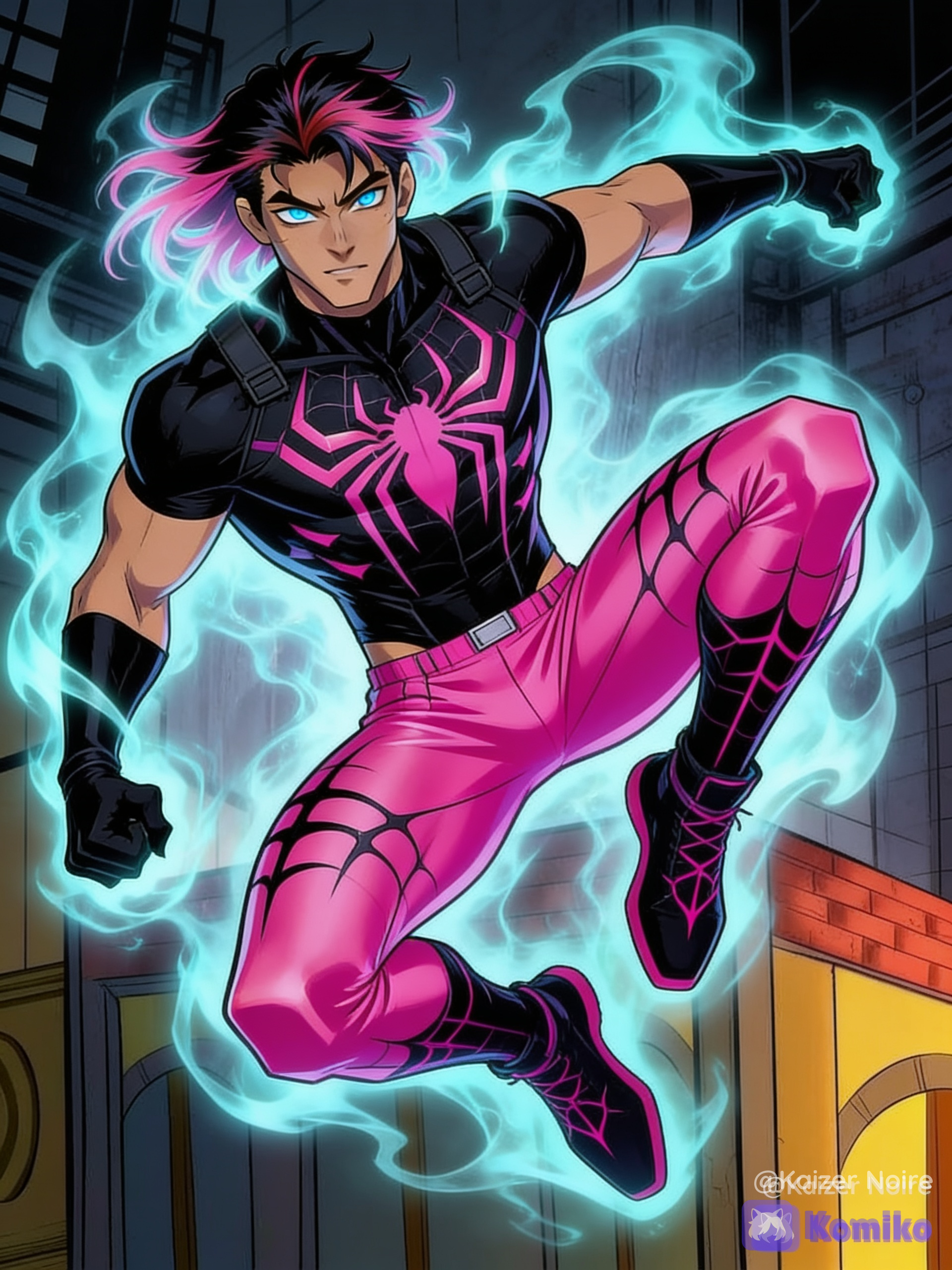 Clone-son of spider-Man and venom, male himbo OC using the color scheme of pink-black with themes related to jocks, himbos, gym rats, gymnast/acrobat, ghost/phantom/spirit, pink-black hair, icy blue eyes and sun-kissed tan skin wearing a black tactical muscle shirt with a transitional pink spider symbol and web designs, black fingerless gloves,pink low-rise silk-polyurethane tactical compression pants with black web designs and black tactical boots with pink web designs