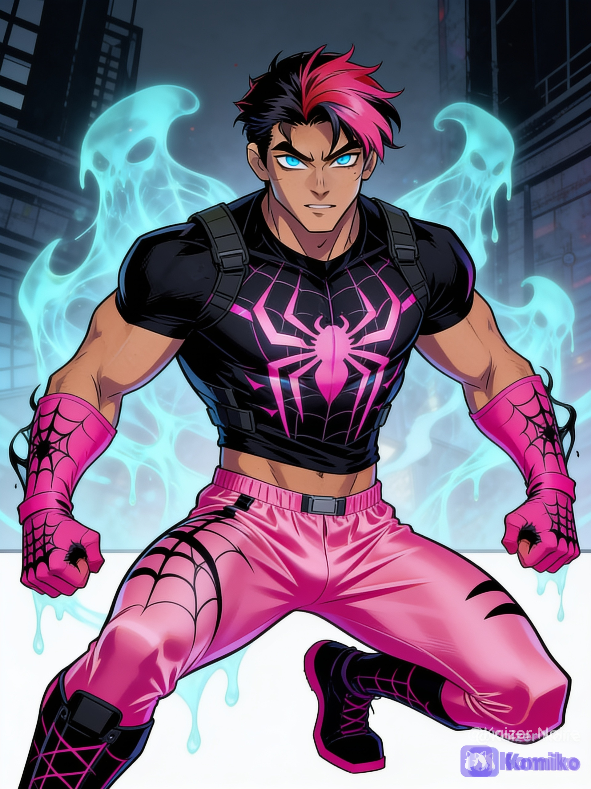 Clone-son of spider-Man and venom, male himbo OC using the color scheme of pink-black with themes related to jocks, himbos, gym rats, gymnast/acrobat, ghost/phantom/spirit, pink-black hair, icy blue eyes and sun-kissed tan skin wearing a black tactical muscle shirt with a transitional pink spider symbol and web designs, pink fingerless gloves with black web designs, pink low-rise silk-polyurethane tactical compression pants with black web designs and black tactical boots with pink web designs