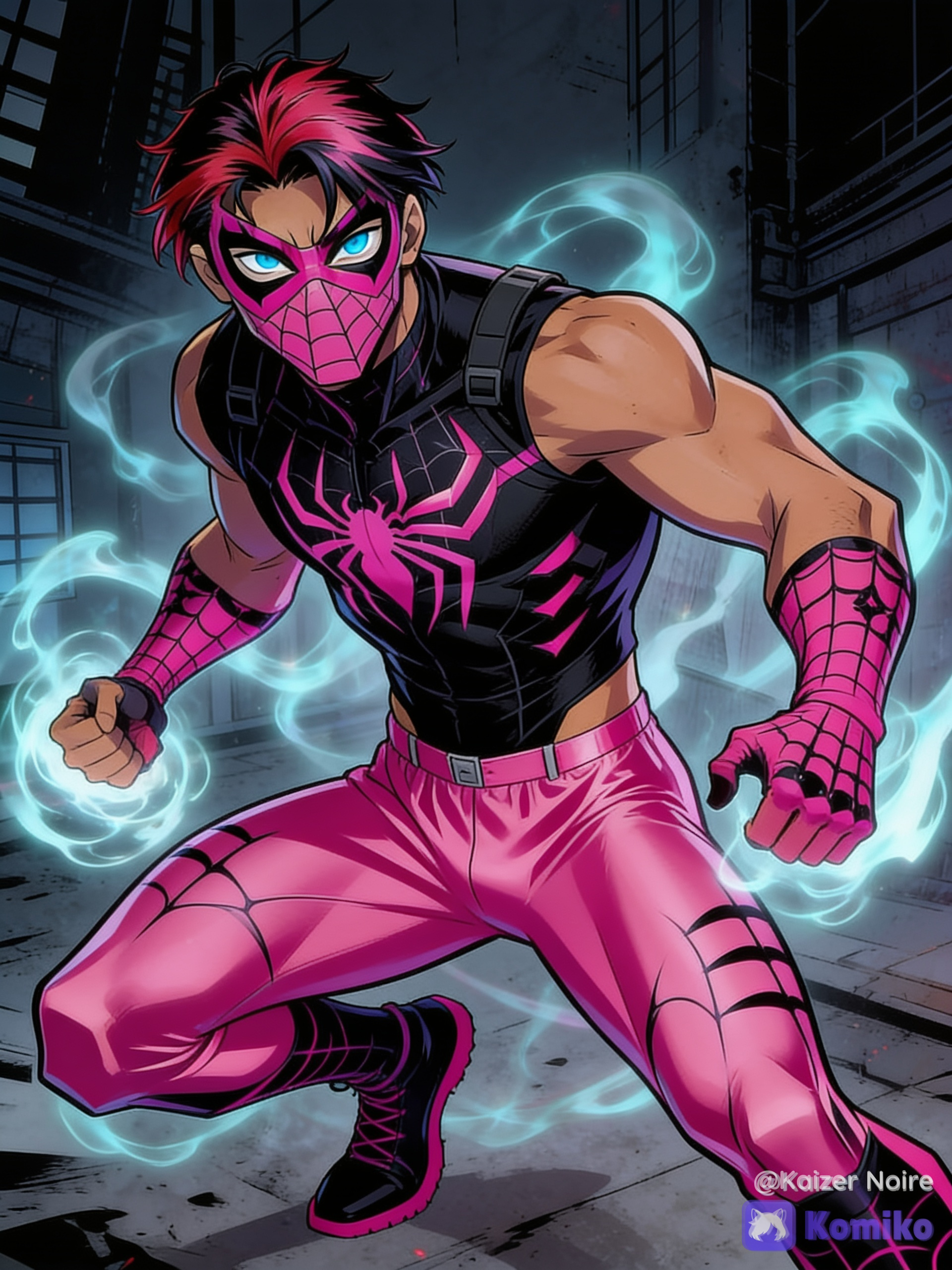 Clone-son of spider-Man and venom, male himbo OC using the color scheme of pink-black with themes related to jocks, himbos, gym rats, gymnast/acrobat, ghost/phantom/spirit, pink-black hair, icy blue eyes and sun-kissed tan skin wearing a pink-black spider/Symbiote theme face mask, black tactical muscle shirt with a pink spider symbol and web designs, pink fingerless gloves with black web designs, pink low-rise silk-polyurethane tactical compression pants with black web designs and black tactical boots with pink web designs