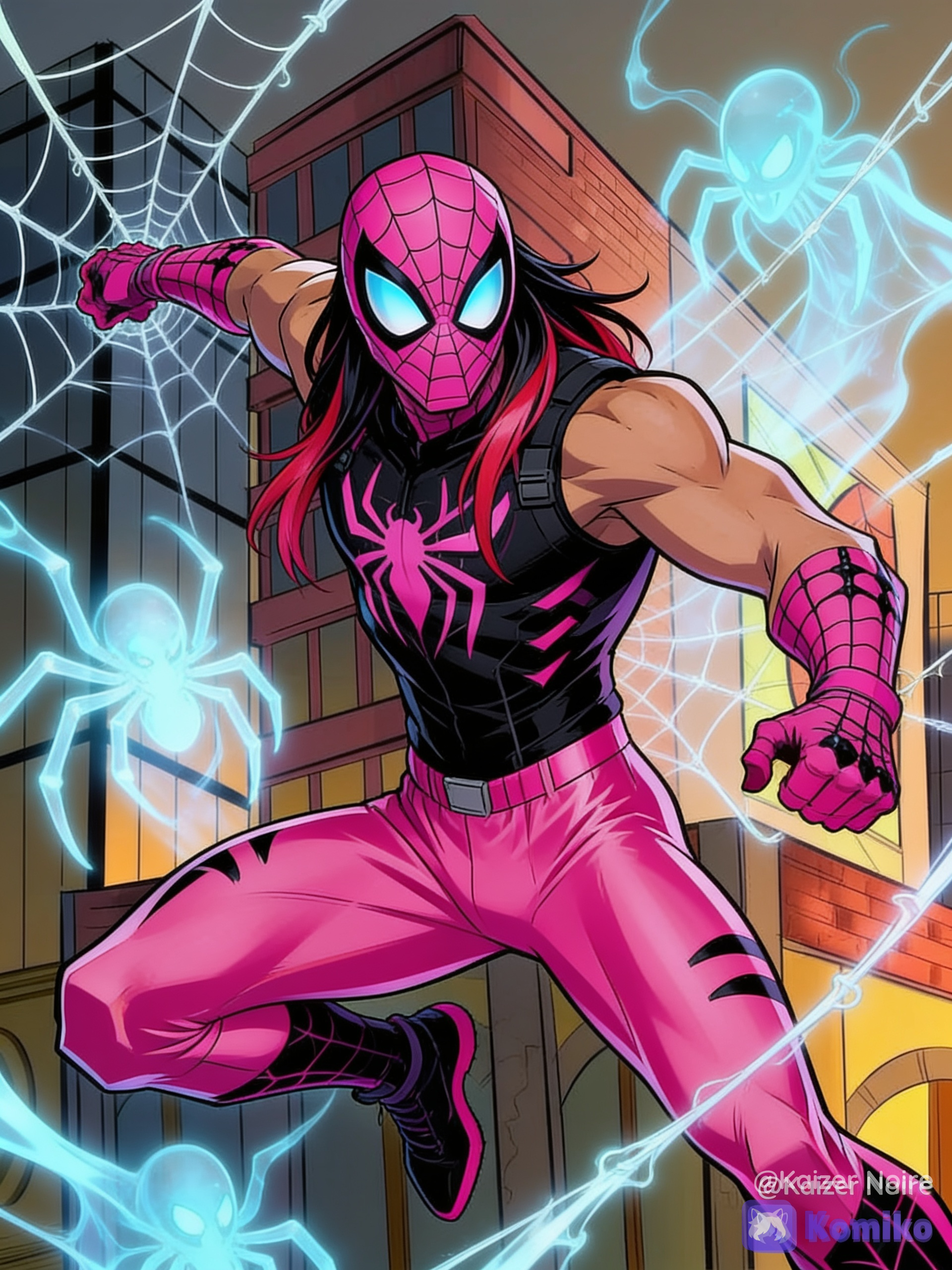 Clone-son of spider-Man and venom, male himbo OC using the color scheme of pink-black with themes related to jocks, himbos, gym rats, gymnast/acrobat, ghost/phantom/spirit, waist length K-pop style pink-black hair, icy blue eyes and sun-kissed tan skin wearing a pink-black spider/Symbiote theme face mask, black sleeveless tactical muscle shirt with a pink spider symbol and web designs, pink fingerless gloves with black web designs, pink low-rise silk-polyurethane tactical compression pants with black web designs and black tactical boots with pink web designs, plus plasmic Web and spider spirits/phantoms