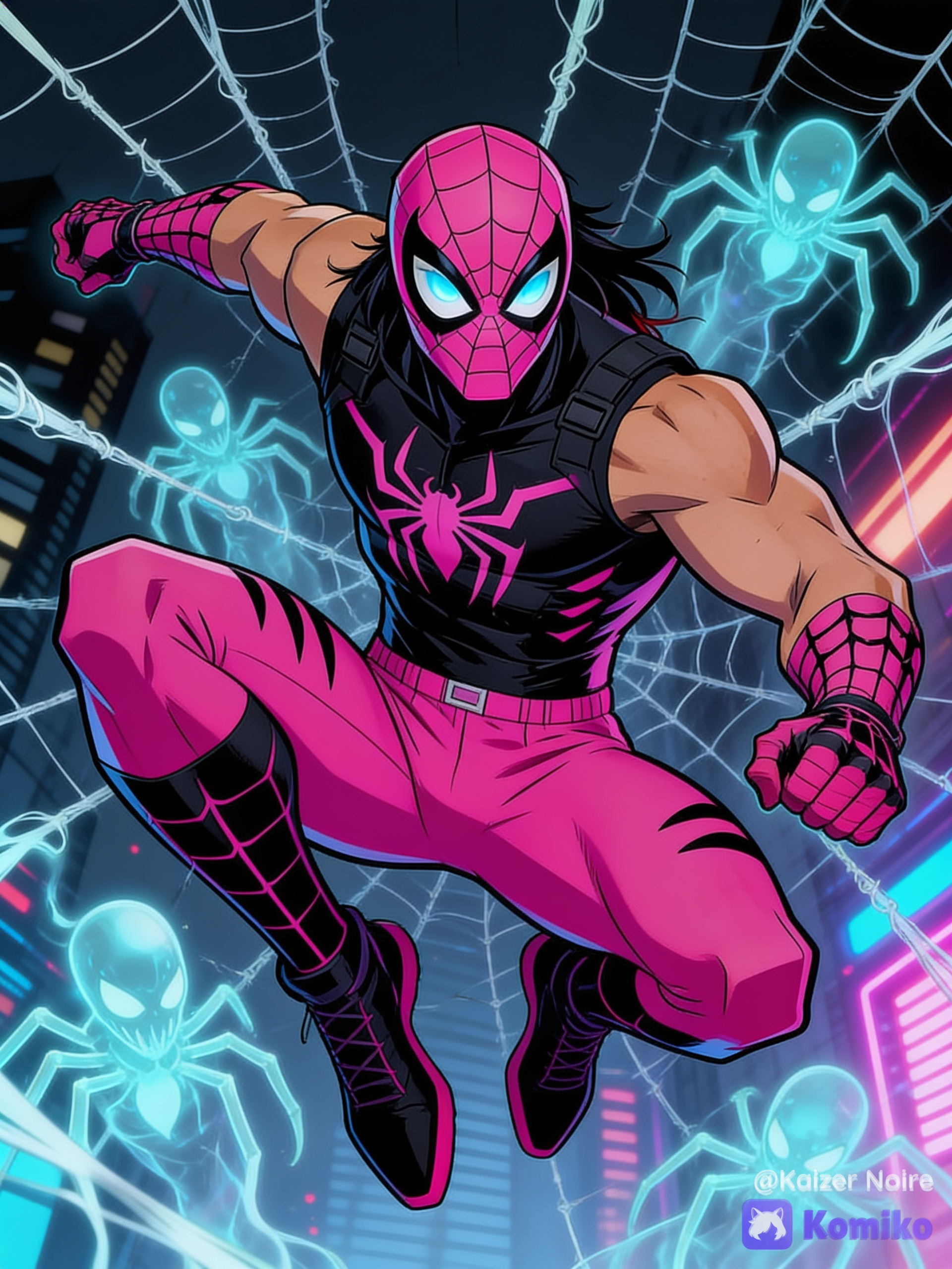 Clone-son of spider-Man and venom, male himbo OC using the color scheme of pink-black with themes related to jocks, himbos, gym rats, gymnast/acrobat, ghost/phantom/spirit, waist length K-pop style pink-black hair, icy blue eyes and sun-kissed tan skin wearing a pink-black spider/Symbiote theme face mask, black sleeveless spandex-polyurethane tactical muscle shirt with a pink spider symbol and web designs, pink spandex-polyurethane fingerless gloves with black web designs, pink low-rise spandex-polyurethane tactical compression pants with black web designs and black spandex -polyurethane tactical boots with pink web designs, plus plasmic Web and spider spirits/phantoms