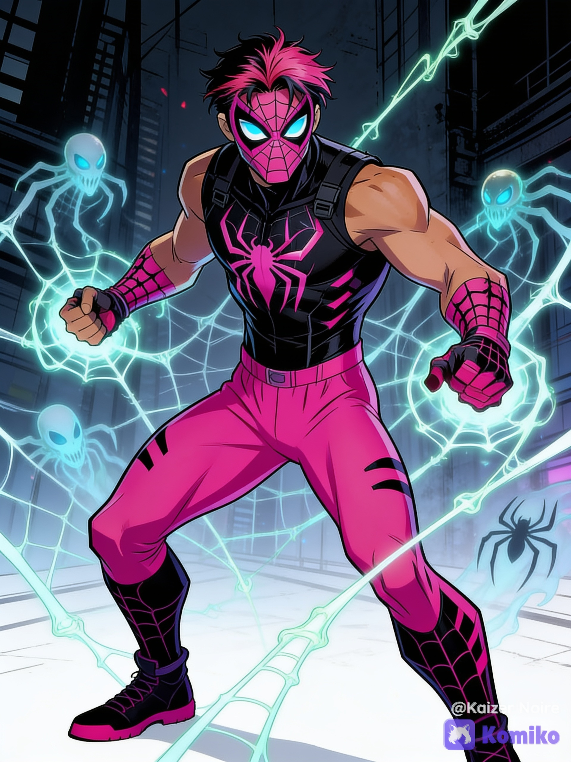 Clone-son of spider-Man and venom, male himbo OC using the color scheme of pink-black with themes related to jocks, himbos, gym rats, gymnast/acrobat, ghost/phantom/spirit, waist length K-pop style pink-black hair, icy blue eyes and sun-kissed tan skin wearing a pink-black spider/Symbiote theme face mask, black sleeveless spandex-polyurethane tactical muscle shirt with a pink spider symbol and web designs, pink spandex-polyurethane fingerless gloves with black web designs, pink low-rise spandex-polyurethane tactical compression pants with black web designs on it and black spandex -polyurethane tactical boots with pink web designs, plus plasmic Web and spider spirits/phantoms