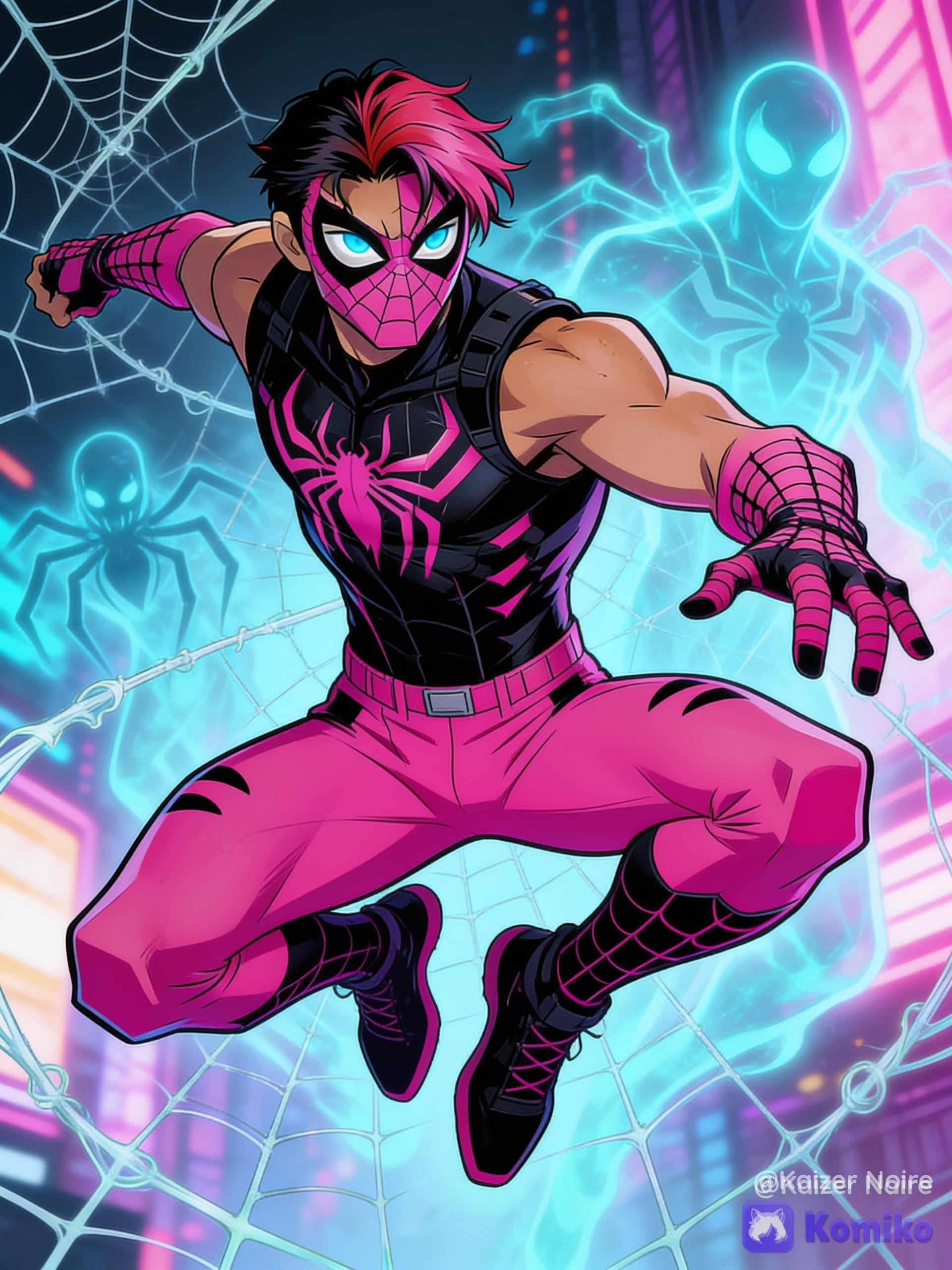Clone-son of spider-Man and venom, male himbo OC using the color scheme of pink-black with themes related to jocks, himbos, gym rats, gymnast/acrobat, ghost/phantom/spirit, waist length K-pop style pink-black hair, icy blue eyes and sun-kissed tan skin wearing a pink-black spider/Symbiote theme face mask that covers half of the face, black sleeveless spandex-polyurethane tactical muscle shirt with a pink spider symbol and web designs, pink spandex-polyurethane fingerless gloves with black web designs, pink low-rise spandex-polyurethane tactical compression pants with black web designs on it and black spandex -polyurethane tactical boots with pink web designs, plus plasmic Web and spider spirits/phantoms