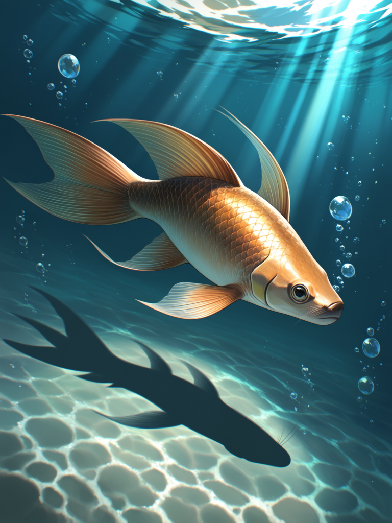 A highly brown catfish, swimming in the ocean, underwater, sunlight rays, bubbles, ultra aesthetic, ultra hd, incredibly absurdres, natural shading, realistic shadows, ambient lighting, top light, [radiant-cg-style]