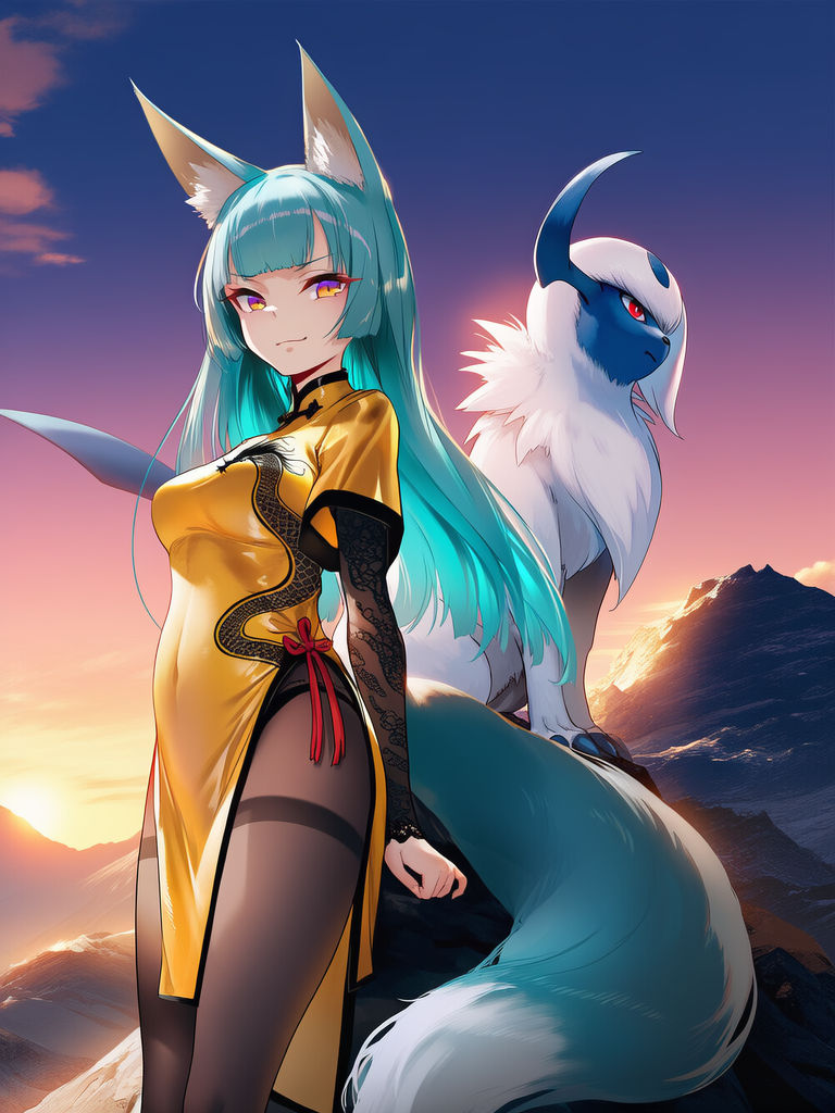 2characters, @aqita-PWOu and her pokemon @Absol, on a mountain, cowboy shot, cinematic angle, sunset, epic lighting, [polished-vibrant-style]