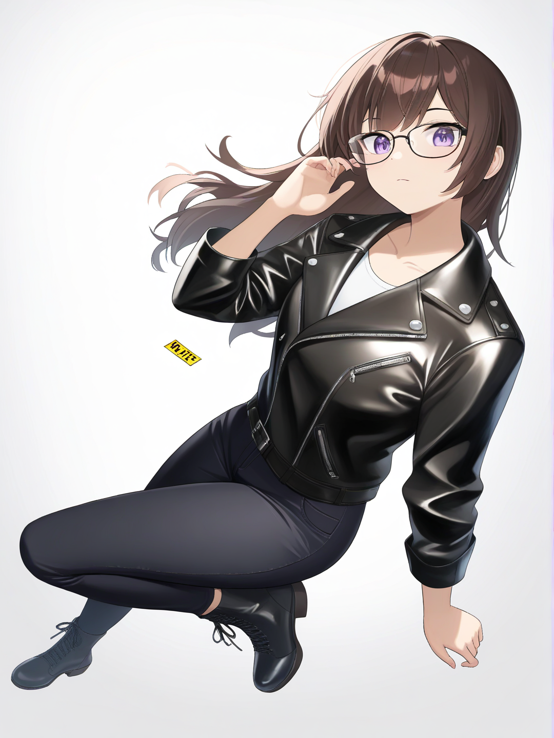 [moody-glow-style]1girl, teenager, tall, brown hair, purple eyes, glasses, leather jacket, single character, full body, looking at viewer, anime style, simple background, white background