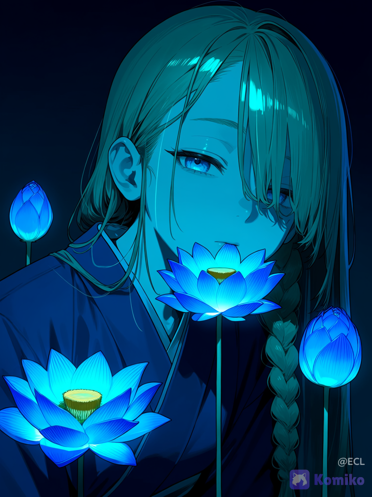 @alice-wYLl a vertical anime-style portrait illustration of a quiet androgynous adult young woman in a deep indigo night scene, shown from the chest up in a close, intimate crop. The character has blonde layered bangs covering much of the forehead and one eye, a long thick side braid over the right shoulder tied near the end, pale skin, delicate eyelashes, downcast blue eyes, and a melancholy, serene expression as they lean toward a flower near their lips. Dress them in a dark blue kimono or robe with simple folded collar lines and subtle shadowed fabric folds. Surround the face with exactly 5 luminous blue lotus-like flowers: 1 large flower directly in front of the mouth and nose, 1 large flower at the lower left foreground, 1 partial flower on the far left edge, 1 flower in the upper right corner, and 1 smaller flower on the mid-right background; also include exactly 2 unopened buds near the lower-left stems. Use intense blue monochrome lighting with glowing cyan highlights, dark navy shadows, strong rim light from the upper right, translucent layered petals, golden-yellow stamens, fine hair strands, and crisp anime cel shading blended with painterly gradients. Composition should feel poetic and nocturnal, with the character partially hidden by flowers, high detail in hair and petals, shallow depth of field, no text, no watermark, no border.