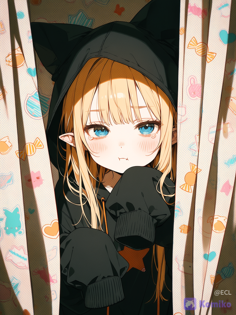 @alice-wYLl a vertical close-up anime illustration of a small shy gothic cat-girl peeking out from between two hanging curtains covered in cute pastel character patterns. The character has a black cat-eared hood with tall pointed ears, short messy blonde hair with pale orange-tipped strands, very pale skin, flushed cheeks, and a tiny fang visible in a worried pout. Her eyes are blue. She has watery tears pooled under both eyes and a sleepy, anxious expression. Her oversized black sleeves or mitten-like paws are held up in front of her mouth and chest, one paw showing exactly one orange adhesive bandage patch. Frame her tightly from head to upper body, centered in the narrow gap between the curtains, with the curtains blurred in the foreground on both sides. The curtain pattern should include many small cute doodle characters in cream, peach, orange, and muted blue, including rabbits, stars, hearts, and candy shapes, but no readable text. Use a warm nostalgic color palette of orange, cream, muted teal-blue, charcoal black, and faded peach. Render in Japanese manga/anime style with fine ink hatching, halftone grain, subtle paper texture, soft bloom, shallow depth of field, vintage film dust, and slightly overexposed warm lighting. Mood: cute, melancholic, sleepy, and eerie, like a bedtime gothic-kawaii snapshot. No watermark, no signature, no extra characters.