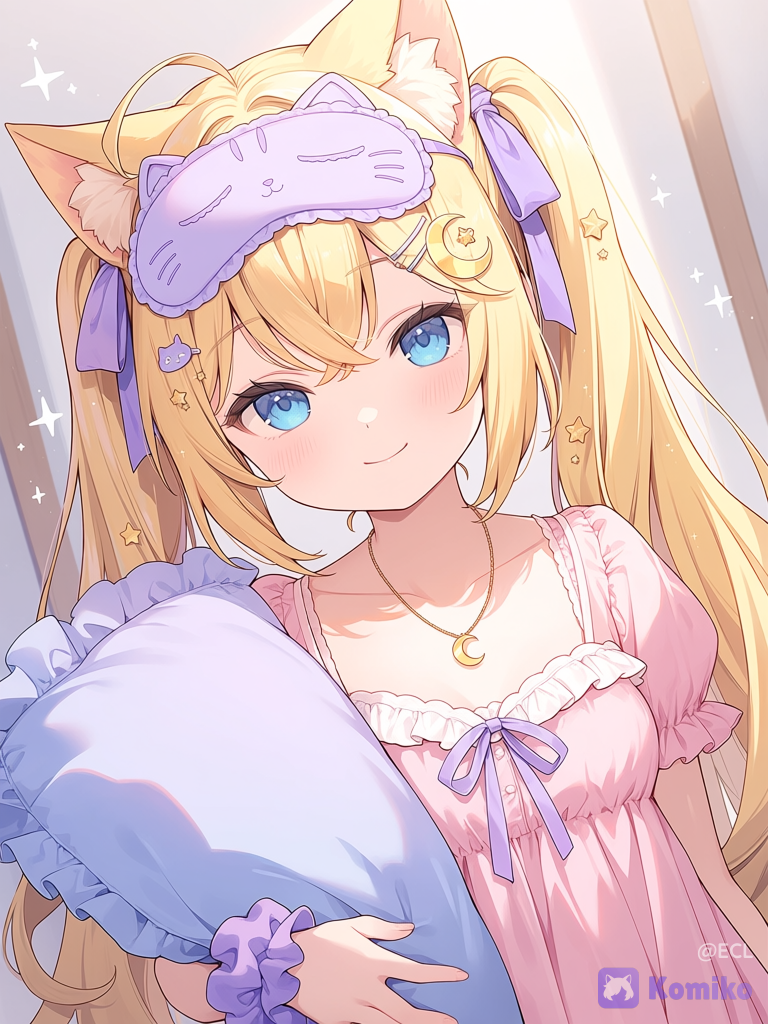 @alice-wYLl 1girl, ahoge, animal ear fluff, animal ears, artist logo, babydoll, blue eyes, cat ears, cat girl, cat hair ornament, closed mouth, collarbone, crescent, crescent hair ornament, crescent necklace, crossed bangs, dress, dutch angle, frilled babydoll, frilled sleeves, frills, hair ornament, hair ribbon, hairclip, head tilt, jewelry, light blush, logo, long hair, looking at viewer, necklace, nightgown, pajamas, pastel colors, pillow, pink babydoll, pink dress, pink nightgown, puffy short sleeves, puffy sleeves, purple ribbon, purple scrunchie, ribbon, scrunchie, short sleeves, sleep mask, smile, solo, sparkle, sparkling aura, star \(symbol\), star hair ornament, twintails, twirling hair, upper body, blonde hair, wrist scrunchie