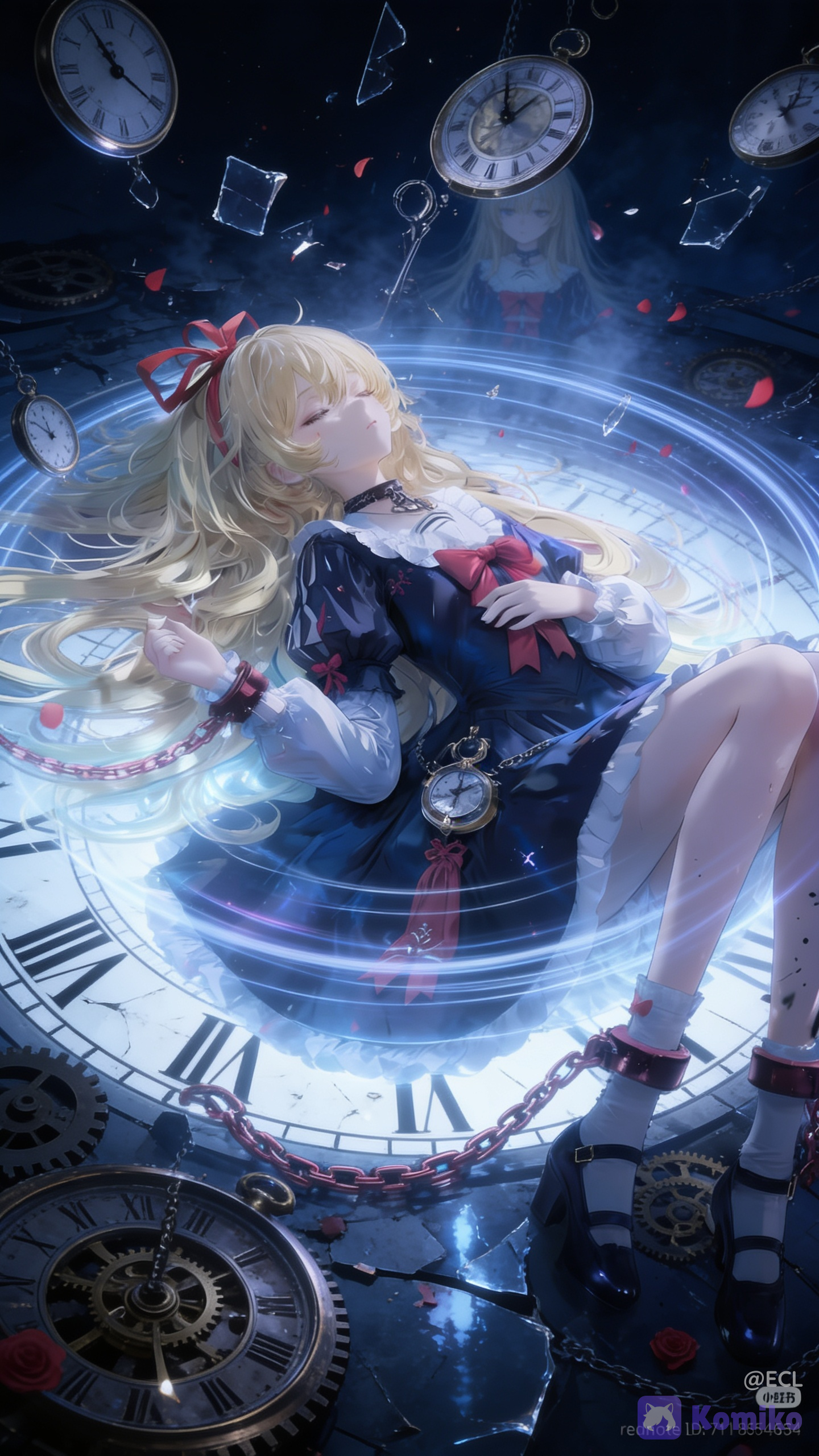 075a6e0750 @alice-wYLl a haunting dark-fantasy time loop scene, a beautiful blonde woman lying motionless on a shattered clockwork floor, her extremely long flowing golden hair spreading around her like a luminous spiral, pale delicate face, closed eyes, calm dreamlike expression, wearing an elegant dark navy Victorian gothic lolita dress with intricate white ruffled cuffs and hem, oversized crimson-red bow at the chest, small red floral ornaments, black choker, white stockings, glossy dark mary jane shoes, red ribbons woven into her hair, a silver pocket watch hanging from her waist, the entire scene trapped inside an infinite time loop, dozens of antique pocket watches and enormous broken clock faces floating and rotating around her at impossible angles, clocks repeating in the background again and again like recursive layers of the same moment, multiple versions of the same pocket watch appearing at different points in time, shattered clock glass suspended in midair, clock hands pointing to different moments simultaneously, frozen seconds and overlapping timelines, circular temporal distortion surrounding her body, concentric rings of clocks fading endlessly into the distance, visual recursion creating the illusion that the scene repeats forever, dark surreal environment, ruined gothic clock chamber submerged in deep midnight blue shadows, fragmented gears, mechanical springs, broken watch mechanisms, chains curling across the floor, crimson rose petals drifting through the air as if gravity has stopped, tiny particles and shards of glass suspended in frozen time, reflections of clocks on wet fractured surfaces, mysterious mist, blue-violet atmospheric light, subtle crimson highlights, dramatic cinematic lighting, soft moonlike illumination, volumetric fog, luminous particles, reflective metallic surfaces, strong visual storytelling about being trapped in an endless cycle of time, past and future collapsing into the present, beautiful but tragic atmosphere, melancholic dreamlike mood, elegant gothic fantasy, surreal temporal paradox, frozen moment just before the next loop resets, subtle ghost images of the girl appearing behind her in progressively earlier and later positions, translucent echoes of her hair and dress creating a circular motion trail, clock hands forming a giant spiral around the composition, highly anime illustration, sophisticated character design, painterly rendering, delicate facial features, flowing hair strands, intricate fabric folds, highly clocks and mechanical parts, polished metallic reflections, cinematic composition, dynamic perspective from above, full-body composition, strong depth, atmospheric perspective, deep navy, indigo, silver, ivory and crimson color palette, dramatic contrast, ethereal glow, gothic romantic fantasy, mysterious surrealism, ultra intricate environment, sharp focal details, beautiful composition