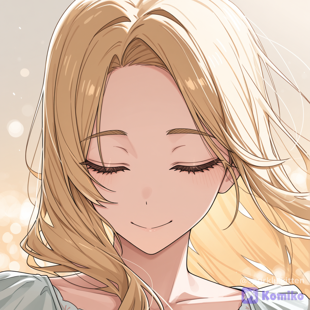 [toon-shaded-style]A beautiful young girl with long golden-blonde hair, fair skin, and a gentle, kind-looking face. She wears a warm smile with her eyes softly closed, giving a peaceful and comforting expression. Her aura feels elegant, gentle, and approachable.