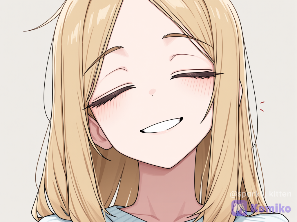 [toon-shaded-style]A beautiful young girl with long golden-blonde hair, fair skin, and a gentle, kind-looking face. She wears a mischievous smile with her eyes softly closed, giving a peaceful and comforting expression. Her aura feels young, gentle, and approachable.