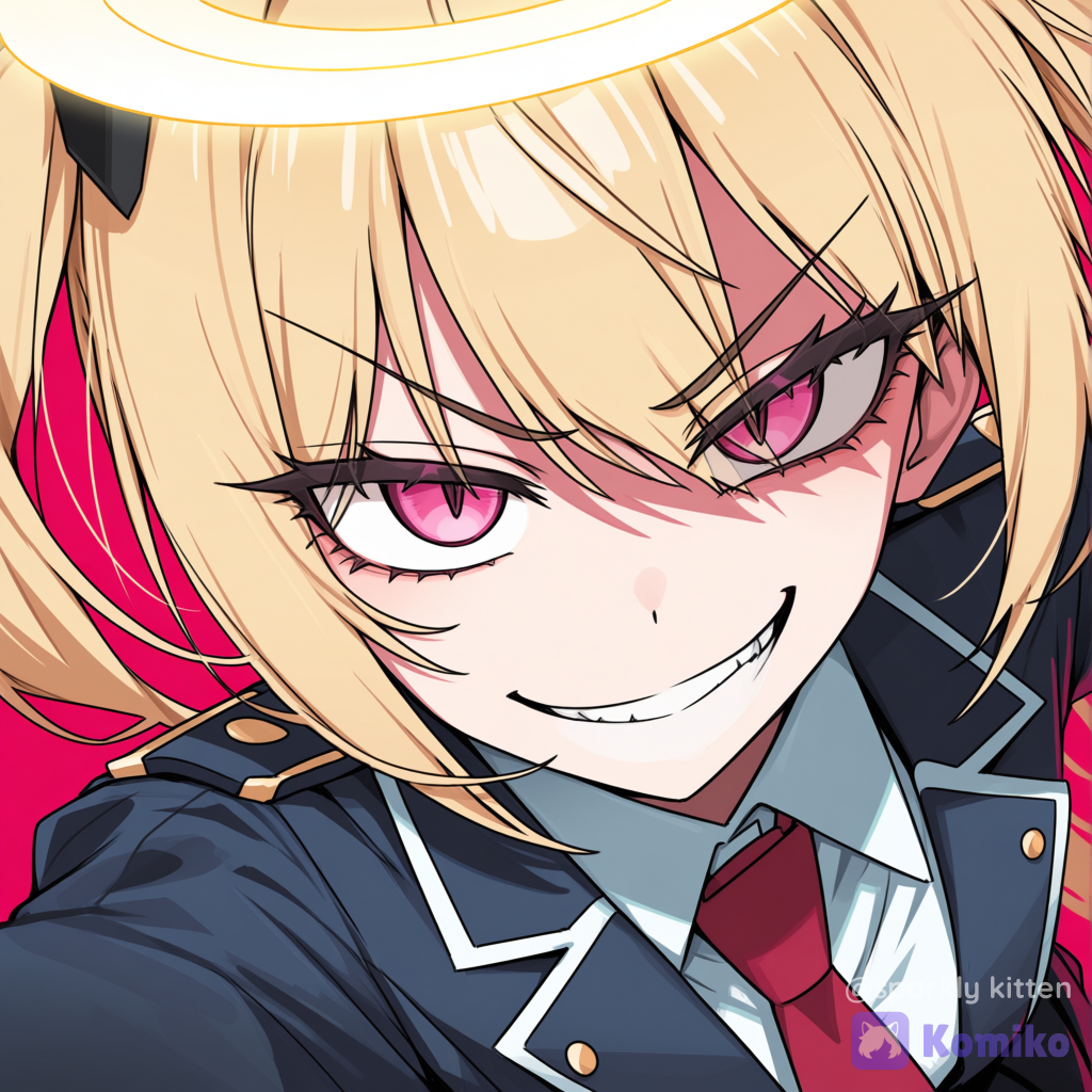 [toon-shaded-style]young blonde woman with a mischievous, sharp smile. She has piercing, luminous pink eyes with a menacing and confident expression. Her face features a heavy shadow stretching diagonally across the top half from a high light source, emphasizing a smug, dangerous grin. Fine line art, sharp facial structure, prominent stylized angular eyelashes, and a subtle light glow or halo behind her head. Dark uniform jacket with a red tie, dynamic action manga line work, vibrant anime colors with deep contrasting dark shadows, ominous atmospheric energy.