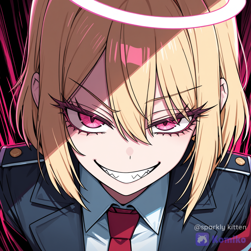 [toon-shaded-style]young blonde woman with a mischievous, sharp smile. She has piercing, luminous pink eyes with a menacing and confident expression. Her face features a heavy shadow stretching diagonally across the top half from a high light source, emphasizing a smug, dangerous grin. Fine line art, sharp facial structure, prominent stylized angular eyelashes, and a subtle light glow or halo behind her head. Dark uniform jacket with a red tie, dynamic action manga line work, vibrant anime colors with deep contrasting dark shadows, ominous atmospheric energy.
