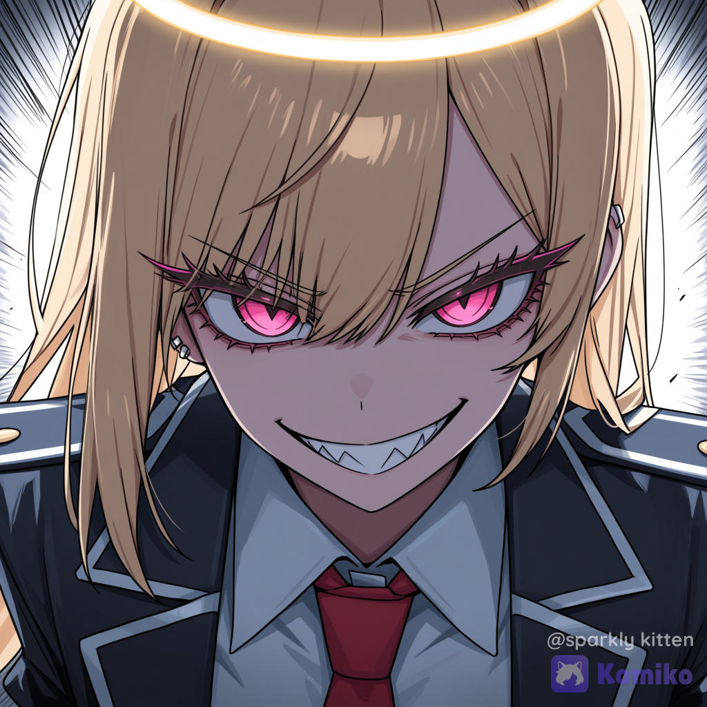 [toon-shaded-style]A high-quality manhwa style illustration of a young blonde woman with a mischievous, sharp smile. She has piercing, luminous pink eyes with a menacing and confident expression. Her face features a heavy shadow stretching diagonally across the top half from a high light source, emphasizing a smug, dangerous grin. Fine line art, sharp facial structure, prominent stylized angular eyelashes, and a subtle light glow or halo behind her head. Dark uniform jacket with a red tie, dynamic action manga line work, vibrant anime colors with deep contrasting dark shadows, ominous atmospheric energy.