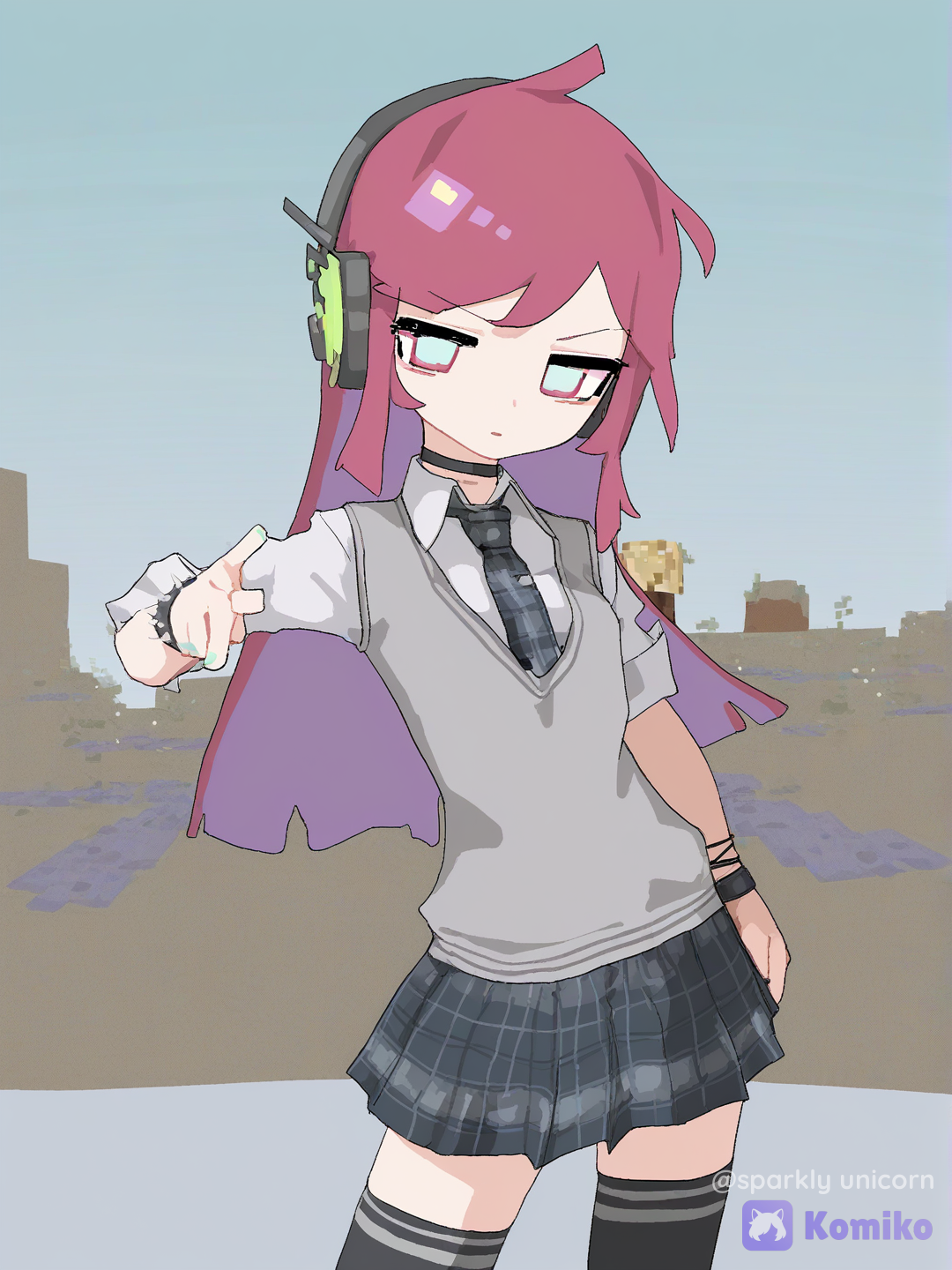 [moe-cubic-style]usa uma roupa de, school vest, studs, headphones, mohawk, stockings, neon green, navy blue, burgundy, faux traditional media, colored pencil (medium), acrylic paint (medium), oil painting (medium), millipen (medium), watercolor (medium), comic shading, anime screencap, monochrome, pastel colors