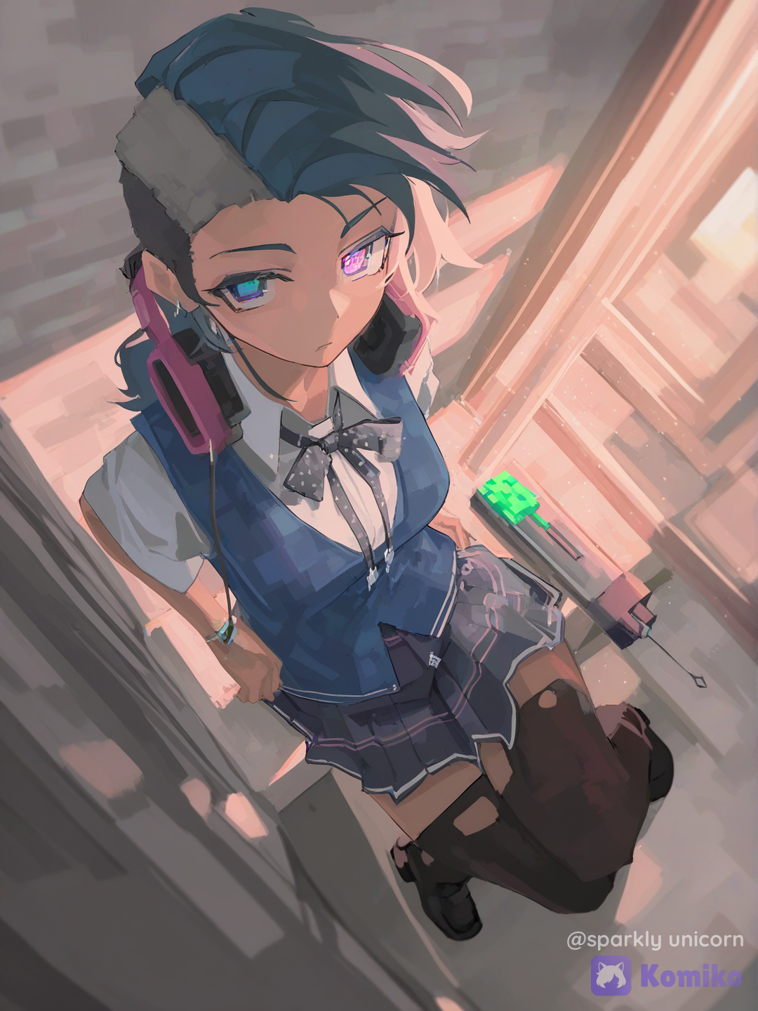 [moe-cubic-style]usa uma roupa de, school vest, studs, headphones, mohawk, stockings, neon green, navy blue, burgundy, faux traditional media, colored pencil (medium), acrylic paint (medium), oil painting (medium), millipen (medium), watercolor (medium), comic shading, anime screencap, monochrome, pastel colors, candlelight, spotlight, golden hour, window light, glowing particles, from above, depth of field, ultra-, from below