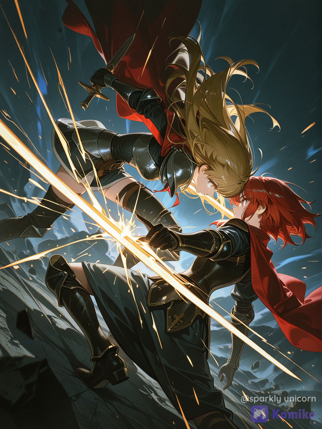 fate anime style character, heroic pose, anime art, epic scene, [high-gloss-illustration-style]ela está lutando contra um guerreiro muito poderoso que tem a sua espada empunhado