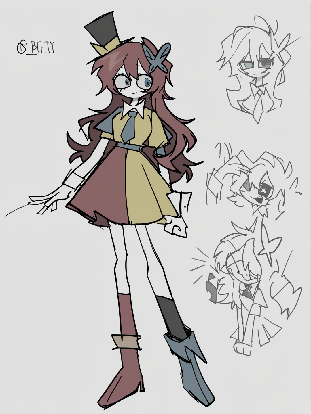 [pop-sketch-style], 1girl, tall, red hair, wavy hair, blue eyes, olive skin, red-and-yellow-and-blue jester dress, one blue ribbon heel, one yellow heeled combat boot, black jester eye makeup, different length socks, tie, orange-and-black jester-style top hat, butterfly hairpin