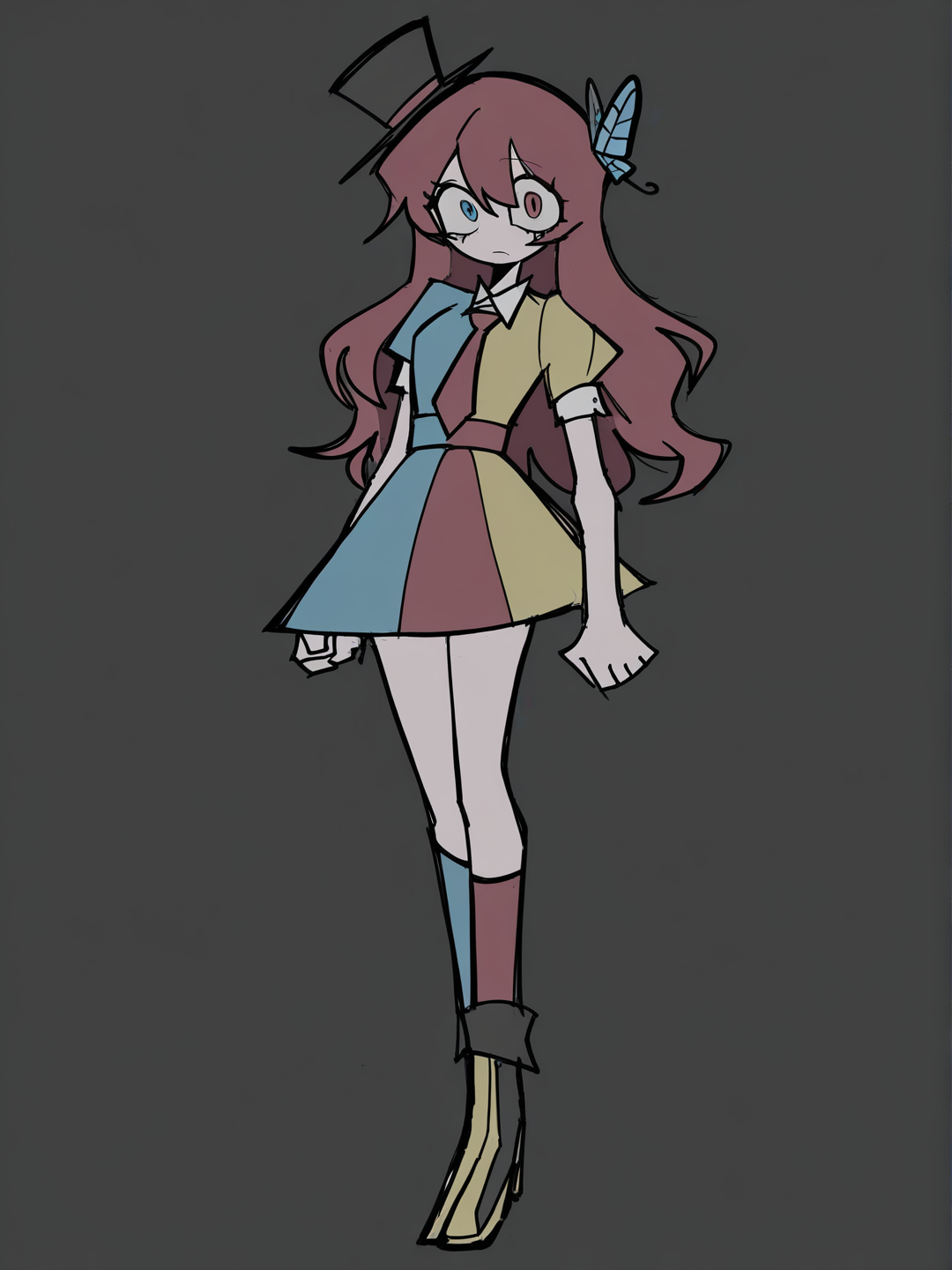 [pop-sketch-style], 1girl, tall, red hair, wavy hair, blue eyes, olive skin, red-and-yellow-and-blue jester dress, one blue ribbon heel, one yellow heeled combat boot, black jester eye makeup, different length socks, tie, orange-and-black jester-style top hat, butterfly hairpin