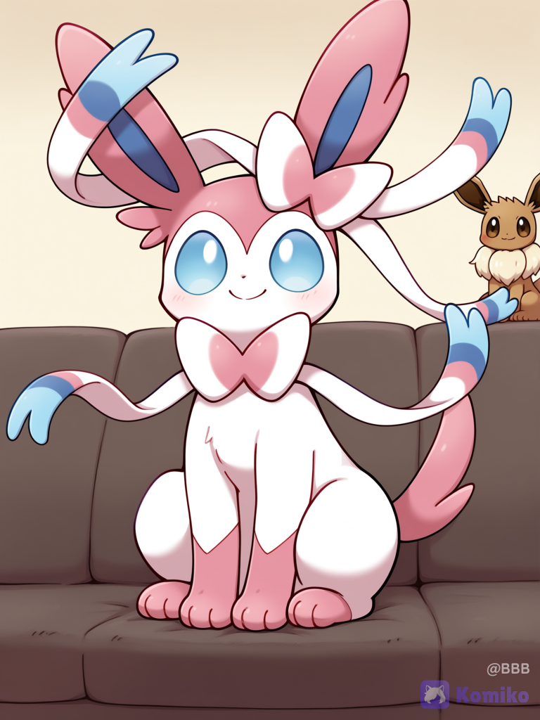 @Sylveon, @Eevee, pokemon, [pokemon-style], They were rehearsing their performance on the sofa in the living room., blush, smile