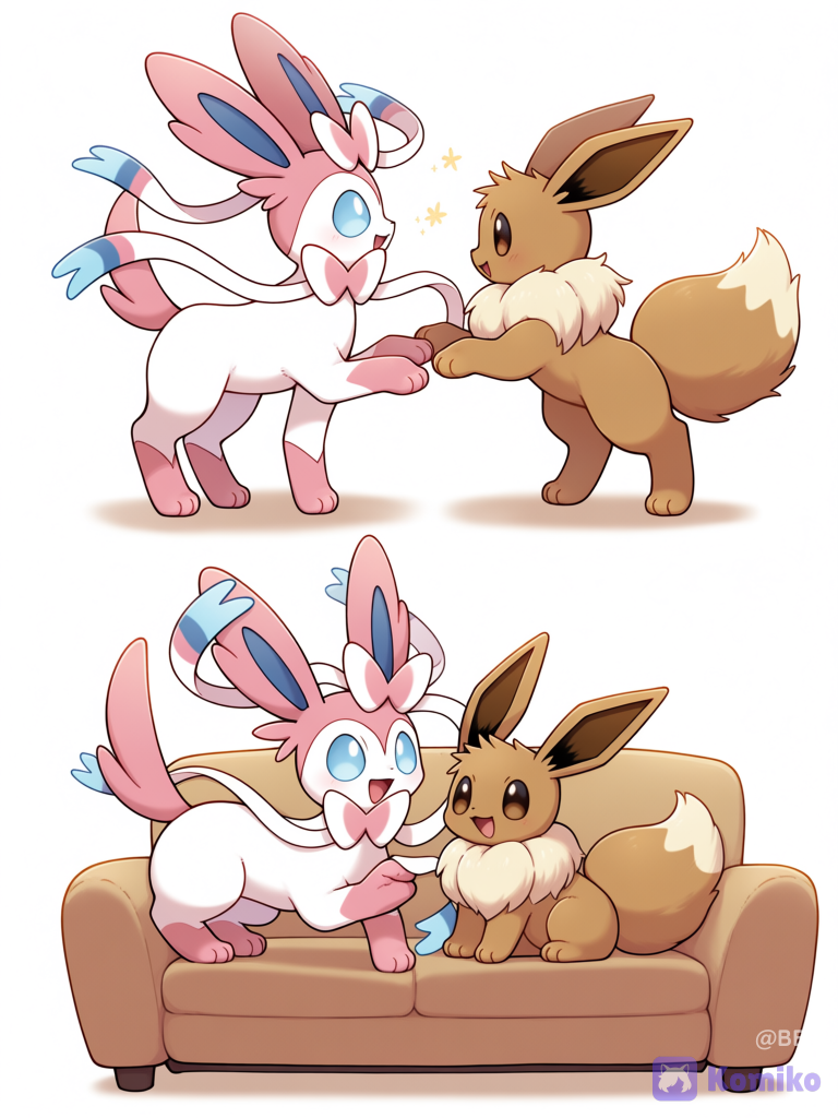 @Sylveon, @Eevee, pokemon, [pokemon-style], They were practicing their performance (jumping and dancing) on ​​the sofa in the living room, blush, smile