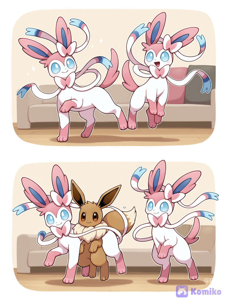 @Sylveon, @Eevee, pokemon, [pokemon-style], They were practicing their performance (jumping and dancing) on ​​the sofa in the living room, blush, smile