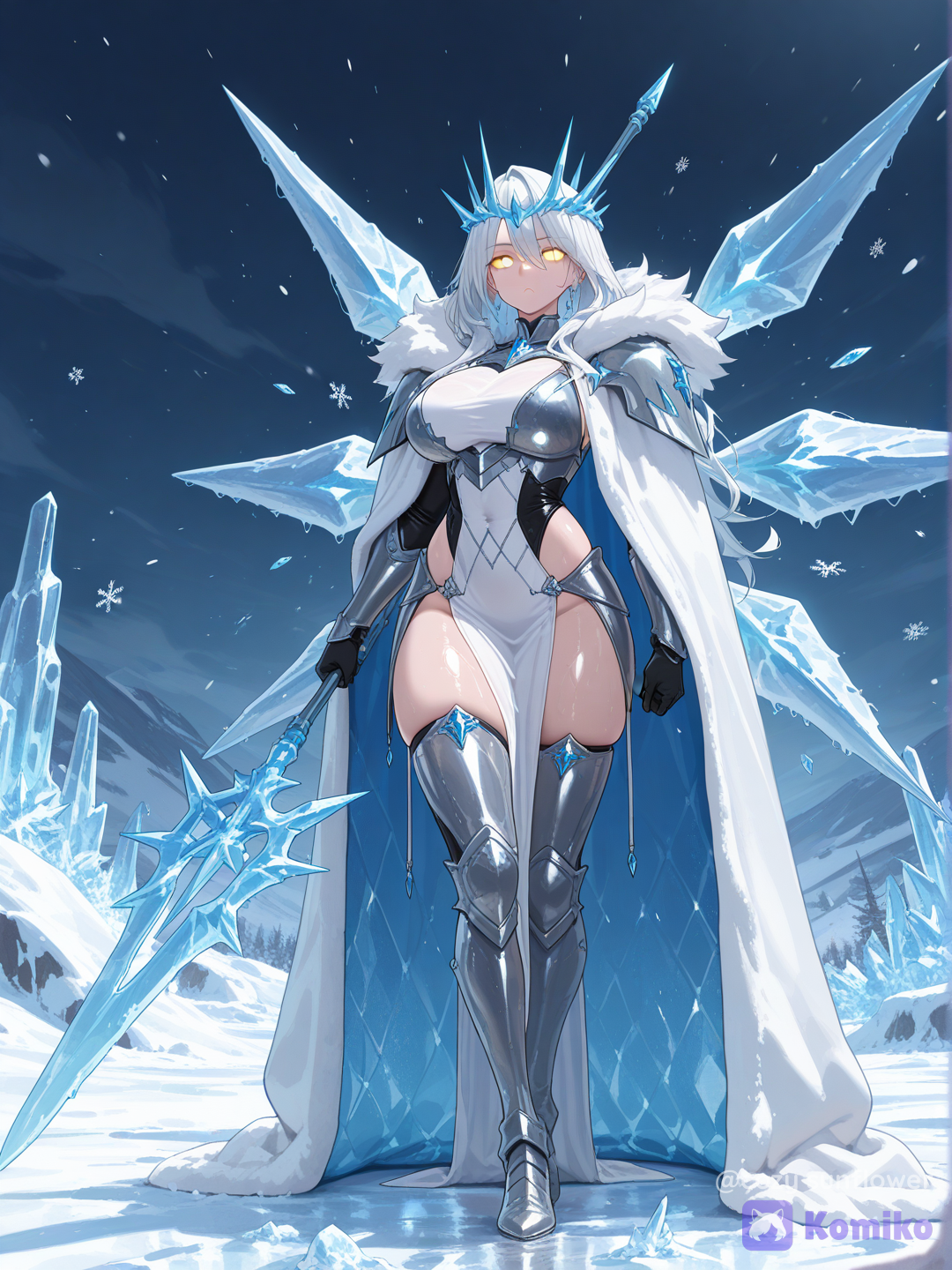 1woman,mature female,tall stature,elegant,full body,gijinka humanization of pokemon Kyurem,cold ice dragon queen,expressionless face,blank stare,yellow glowing eyes,long messy white hair with ice crystals,asymmetric ice wings on back,gray metallic titanium armor plating,sharp translucent ice spikes on shoulders,holding an icy spear,frozen wasteland background,blizzard,snowflakes,dramatic cold cinematic lighting,unreal engine 5 render,sharp focus,dark fantasy art, [vivid-oil-cel-style]