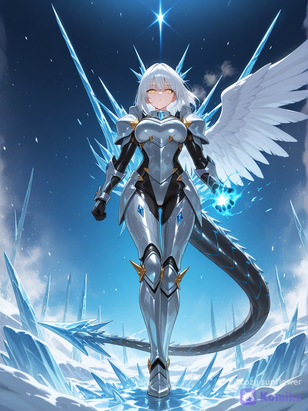 1woman,mature female,tall stature,elegant,full body,gijinka humanization of pokemon White Kyurem,fusion of freezing ice and burning fire dragon,expressionless face,blank stare,glowing yellow eyes,long white hair,asymmetric aesthetic,one wing made of sharp blue ice,one wing made of soft white feathers,white and gray plate armor,massive mechanical jet turbine tail erupting with intense blue fire and orange sparks,frozen tundra background with volcanic lava cracks and smoke,dramatic cinematic lighting,clashing elements of fire and ice, [vivid-oil-cel-style]