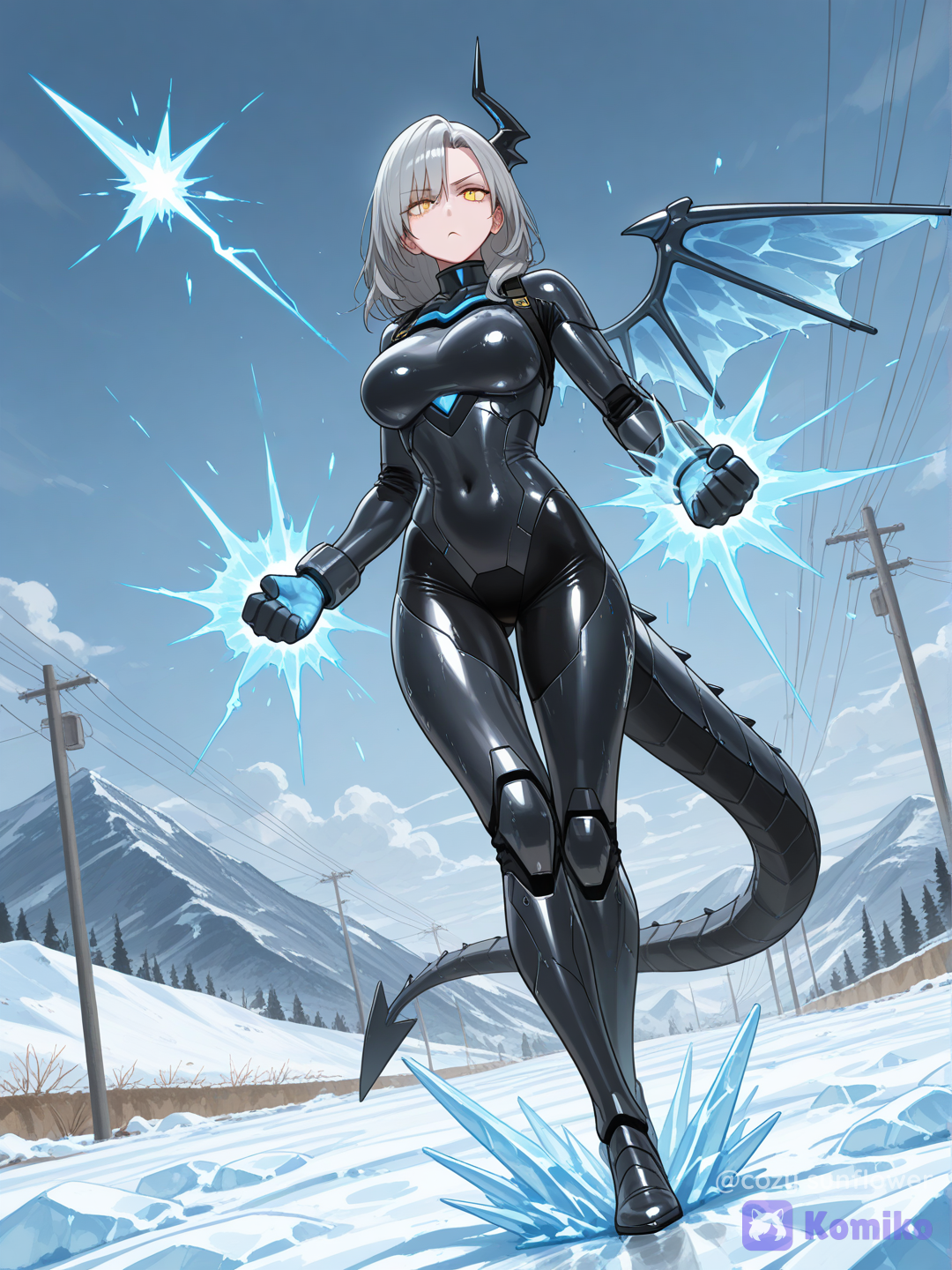 1woman,mature female,tall stature,powerful stance,full body,gijinka humanization of pokemon Black Kyurem,fusion of freezing ice and high-voltage lightning dragon,expressionless face,blank stare,glowing yellow eyes,short messy dark gray hair,asymmetric aesthetic,one wing made of sharp translucent blue ice crystals,one wing made of massive pitch black mechanical tech armor,heavy dark gray titanium armor plating,massive jet generator tail erupting with intense blue electricity and sparks,frozen wasteland background with electric power lines and lightning strikes,dramatic cinematic lighting,clashing elements of ice and black metal tech, [vivid-oil-cel-style]