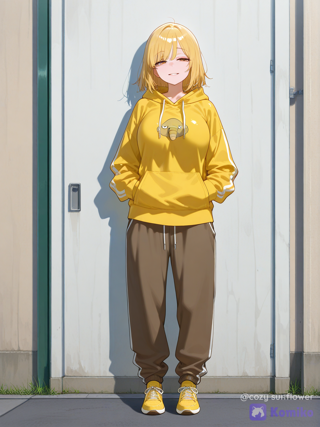 Full body shot, front view, one 18-year-old adult woman humanization of Drowzee pokemon, standing on a dreamy surreal pastel street background. She has wavy short golden-blonde hair, sleepy heavy-lidded eyes, and a relaxed, knowing smile. She is wearing loose comfortable streetwear: a massive oversized two-toned hoodie where the top half is bright yellow and the bottom half is deep brown, separated by a distinct wavy zigzag pattern line across the chest. She wears matching loose brown sweatpants and yellow sneakers. Human body, human face, realistic proportions.[vivid-oil-cel-style]