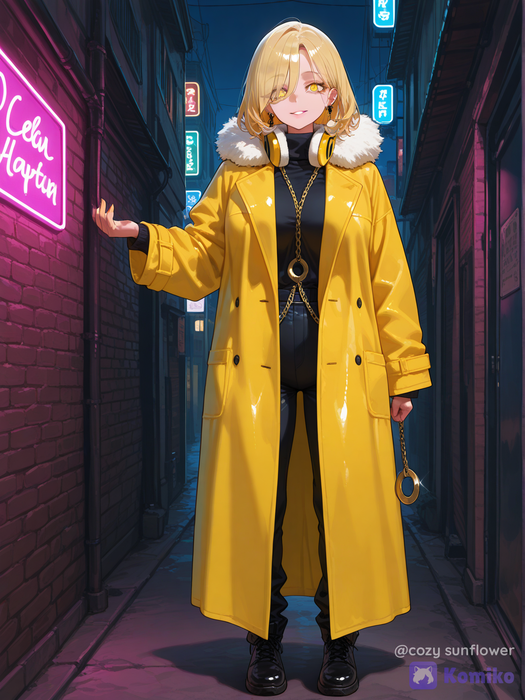 Full body shot, front view, one 25-year-old adult woman humanization of Hypno pokemon, standing in a dark city alley under neon lights with swirling hypnotic patterns in the air background. She has long, straight yellow-blonde hair, piercing mesmerizing eyes, and a calm, mysterious smile. She is wearing a loose-fitting bright yellow trench coat with an iconic thick, fluffy, oversized white fur collar around her neck. In her right human hand, she holds a swinging silver pendulum on a long chain. Human body, human face, realistic adult proportions.[vivid-oil-cel-style]