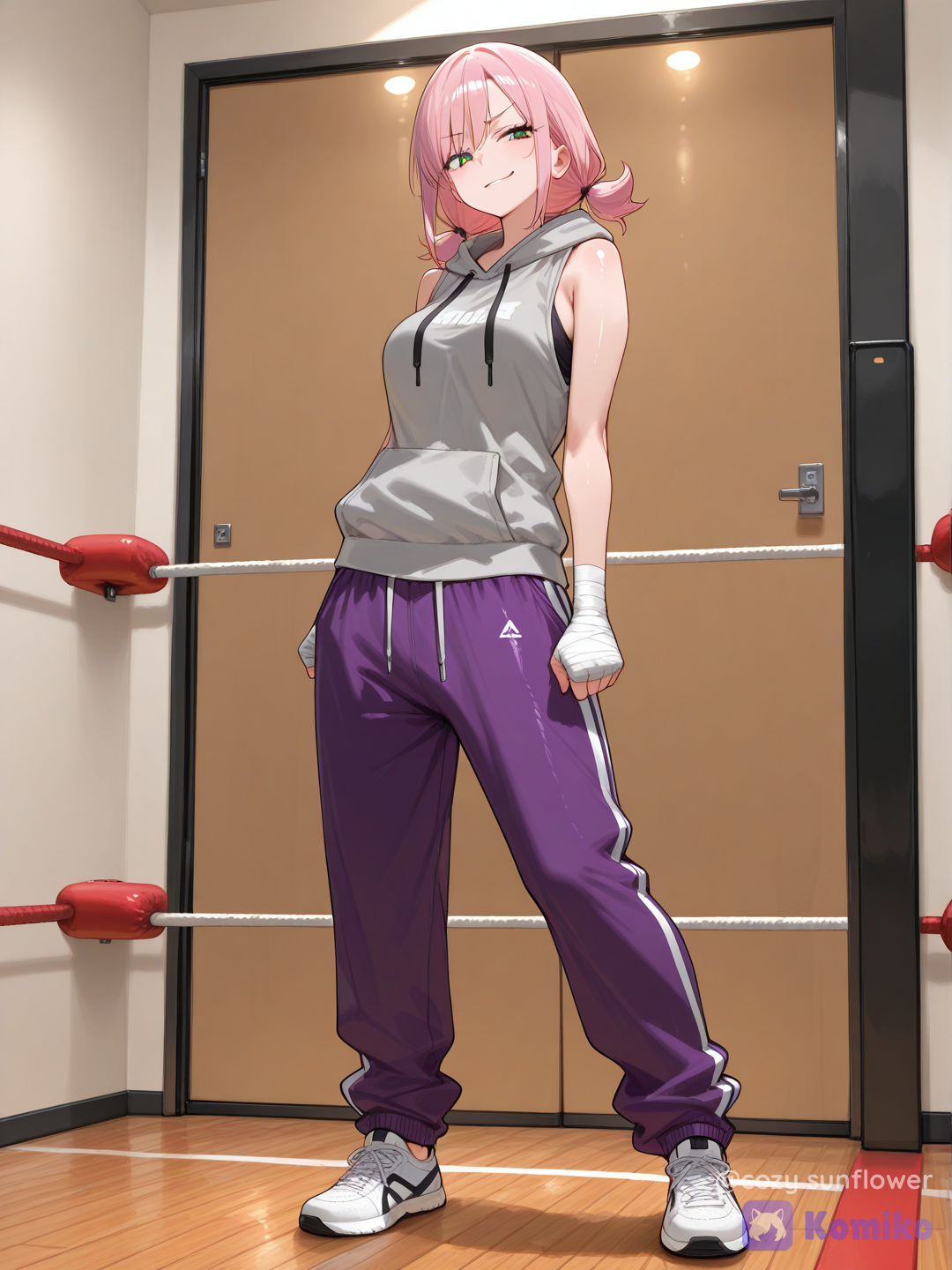 Full body shot, front view, one 18-year-old tomboyish adult woman humanization of Tyrogue pokemon, standing inside a classic gritty boxing gym background. She has short brownish-pink hair styled into three small spiky top-knots. She has determined eyes and a confident smirk. She is wearing loose athletic streetwear: an oversized grey sleeveless hoodie, baggy purple sweatpants, and white sneakers. White boxing hand wraps are wound around her hands and forearms. Human body, human face, athletic proportions.[vivid-oil-cel-style]