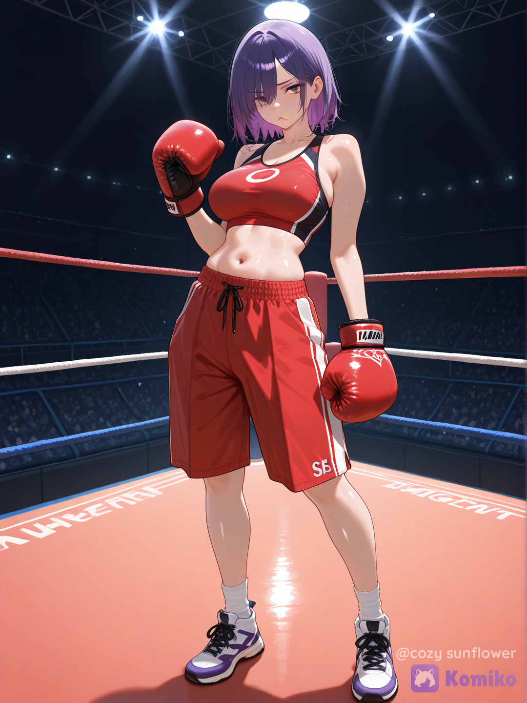 Full body shot, front view, one 25-year-old fierce adult woman humanization of Hitmonchan pokemon, standing under bright stadium spotlights inside a boxing ring background. She has short purple hair and a sharp, focused glare. She is wearing loose athletic wear: a light violet sports top and exceptionally wide, baggy lavender boxing shorts that look like a pleated kilt. She wears massive, oversized glossy red boxing gloves on her human hands. Human body, human face, realistic adult proportions.[vivid-oil-cel-style]